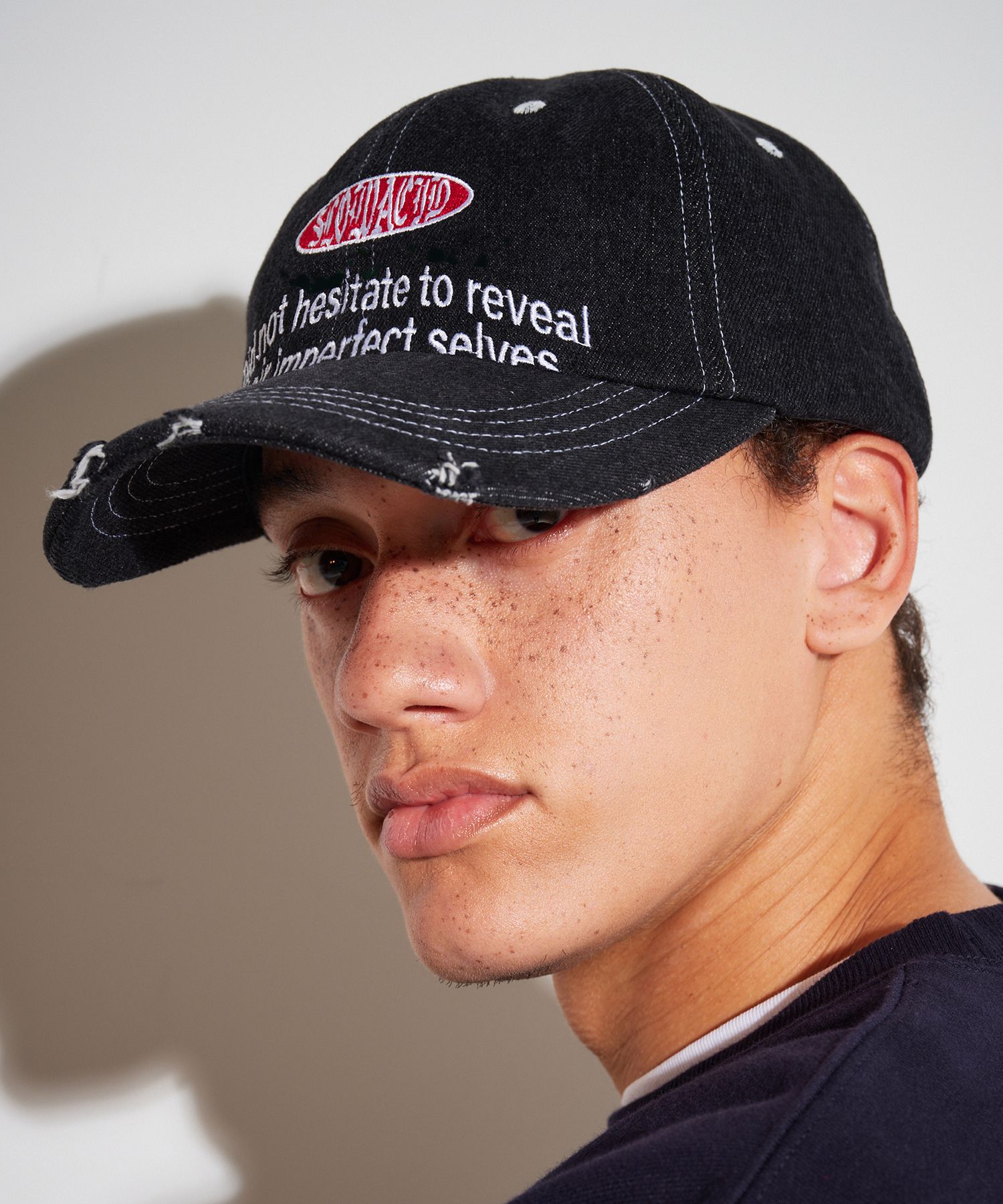 【SLOWACID】Distressed Washed Denim Ball Cap Unisex Washed Denim Baseball Cap Hat Ripped Distressed