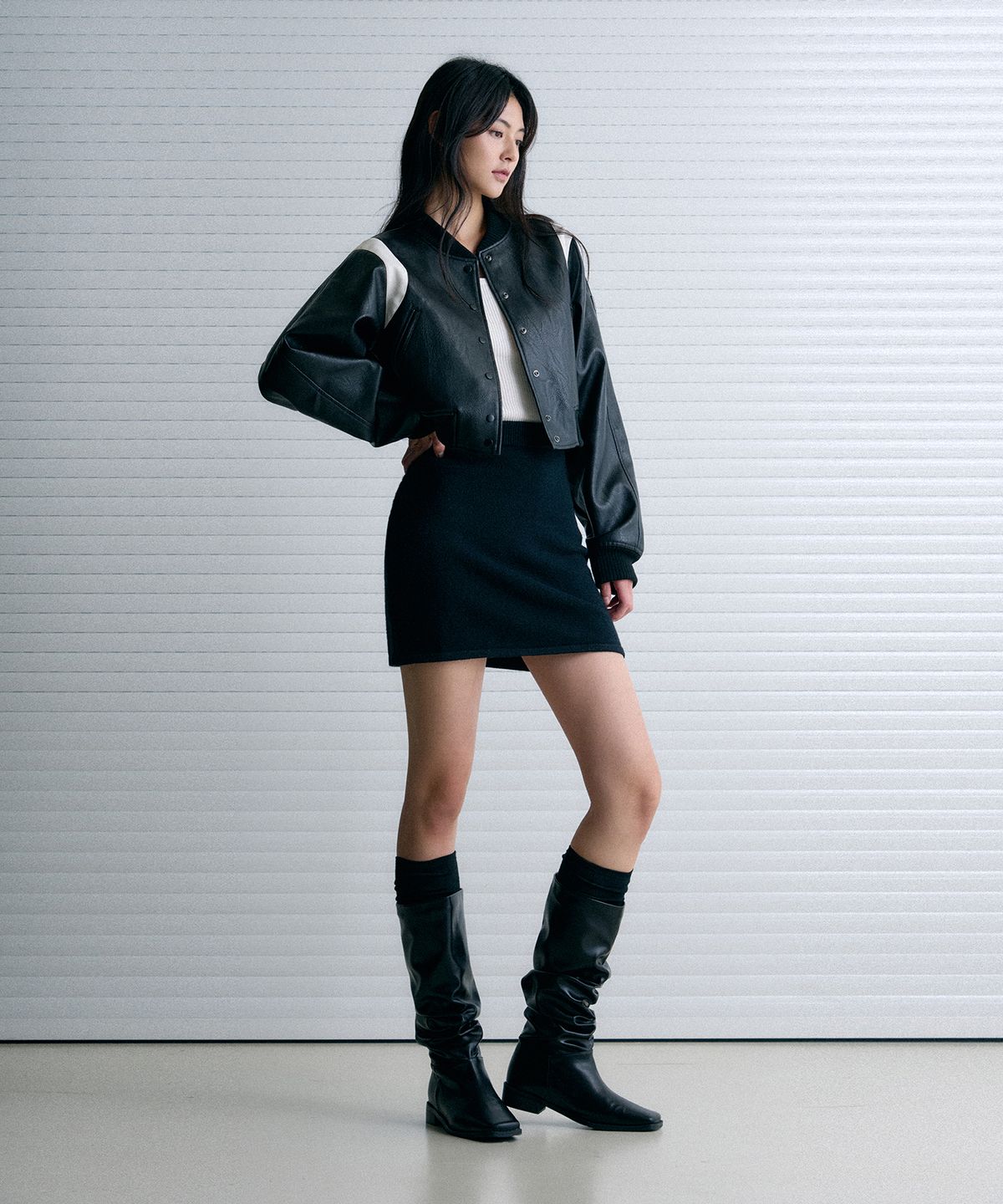 레더리(LEATHERY) 레더 바시티 테디 자켓 [BLACK]