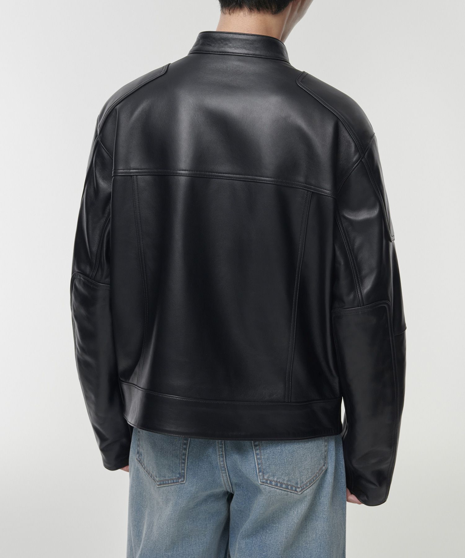 MUSINSA | MUSINSA STANDARD Lambskin Paneled Racer Jacket [Black]