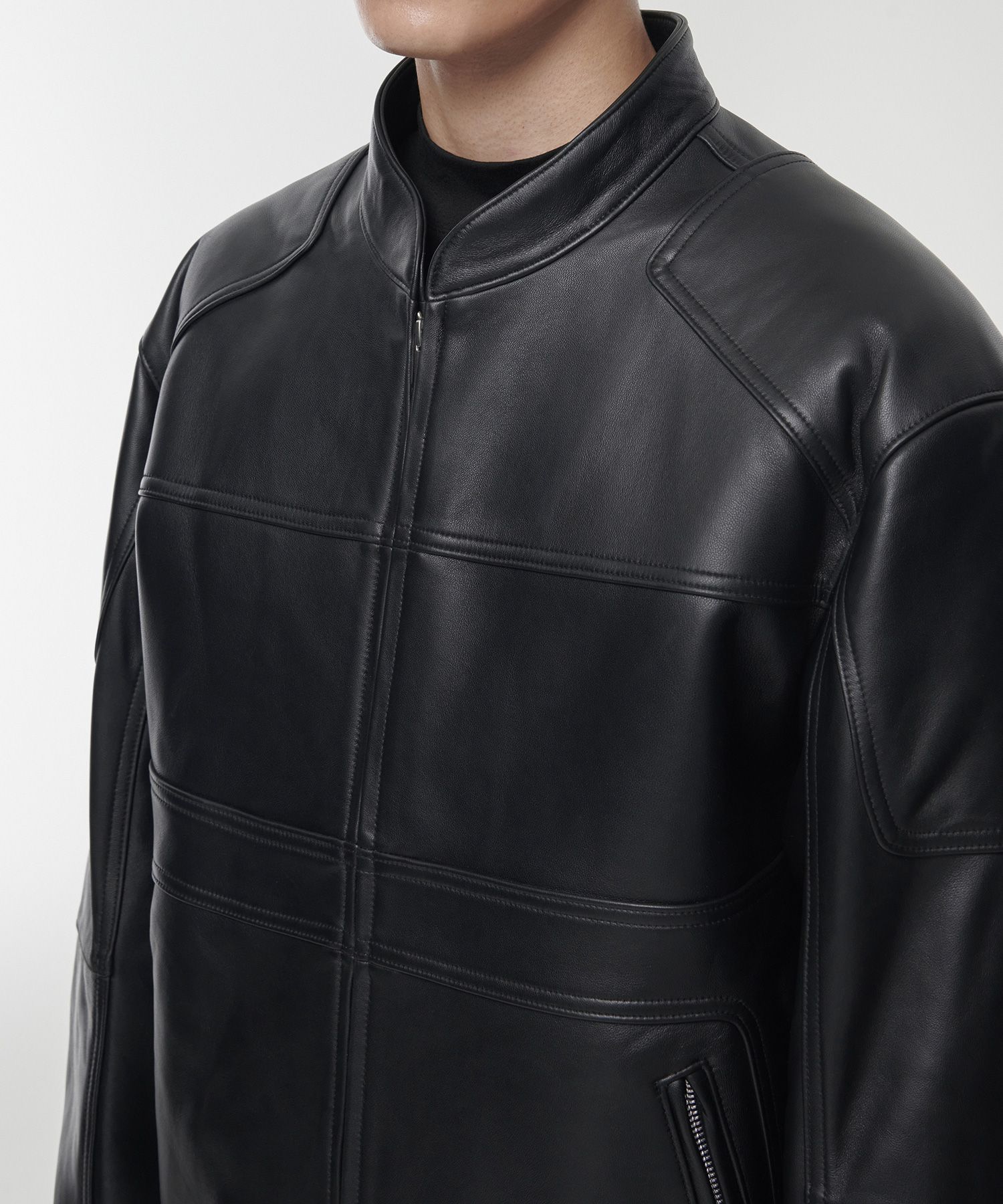MUSINSA | MUSINSA STANDARD Lambskin Paneled Racer Jacket [Black]