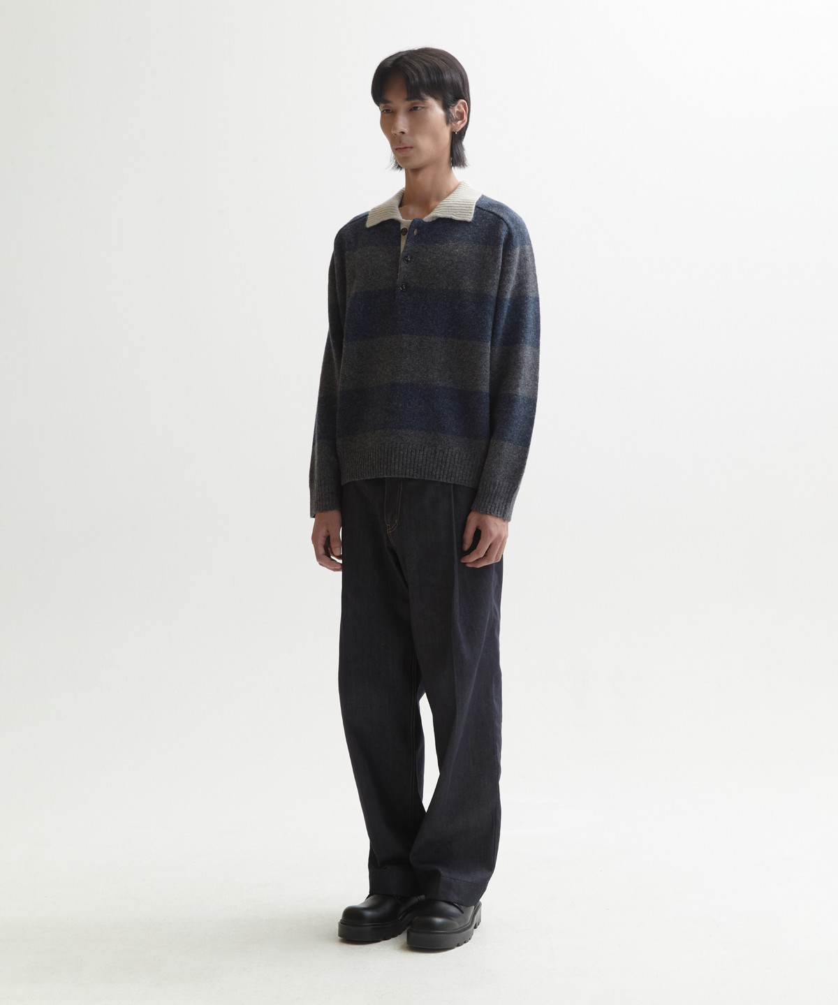 넌블랭크(NONBLANK) 스트라이프 울 칼라 니트_GREY