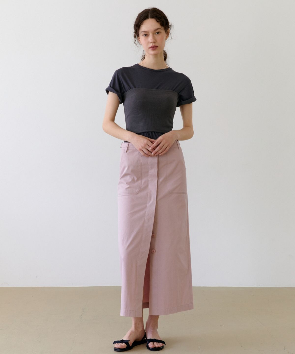 어나우트(UNNOUT) BUTTON DOWN MAXI SKIRT - PINK