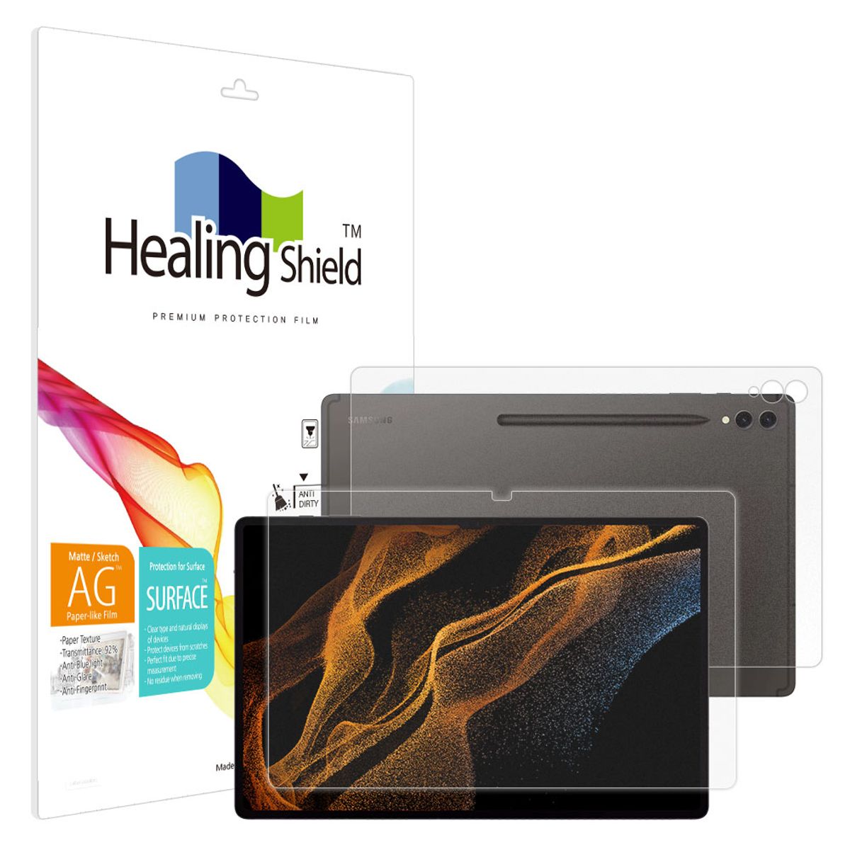 힐링쉴드(HEALINGSHIELD) 갤럭시탭S9 울트라 항균 종이질감 블루라이트차단 액정보호필름1매 후면1매