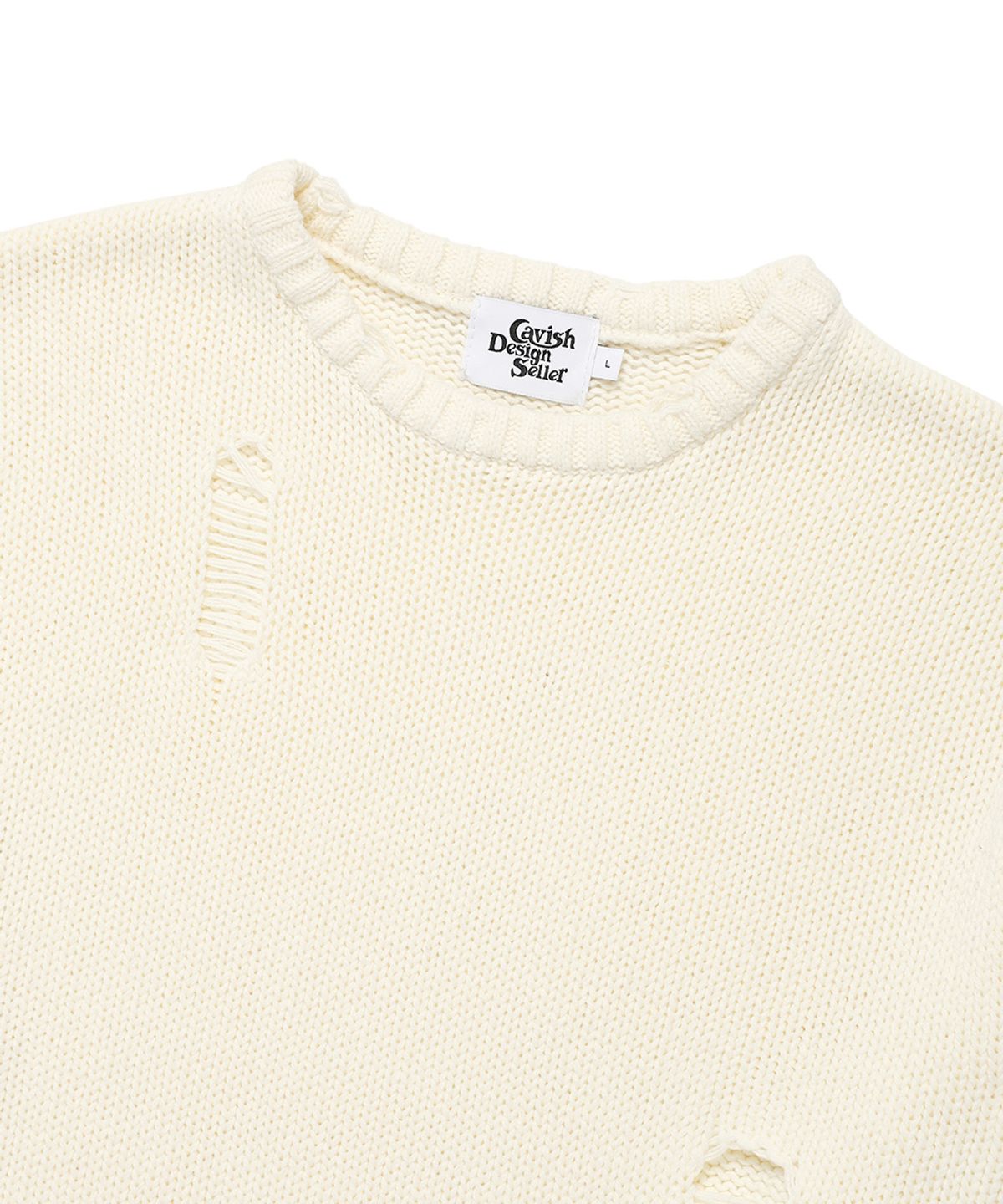 카비시(CAVISH) W DAMAGED STAR KNIT CREWNECK IVORY(CV2DFFK601A)
