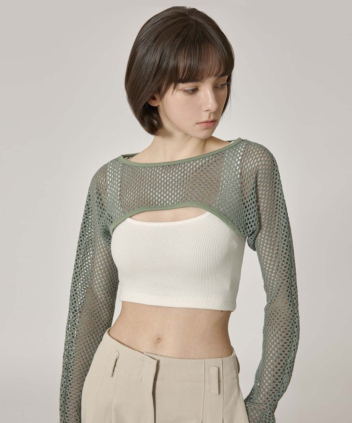 무아르모아(MOIREMOA) mesh crop layered top-green