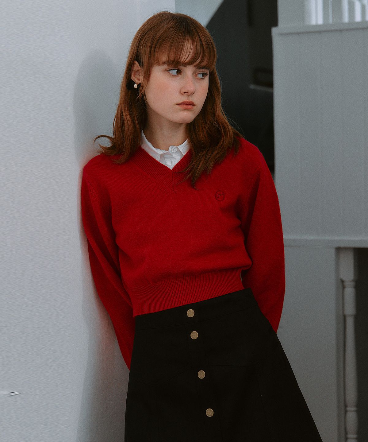 로라로라(ROLAROLA) V NECK CROP KNIT RED