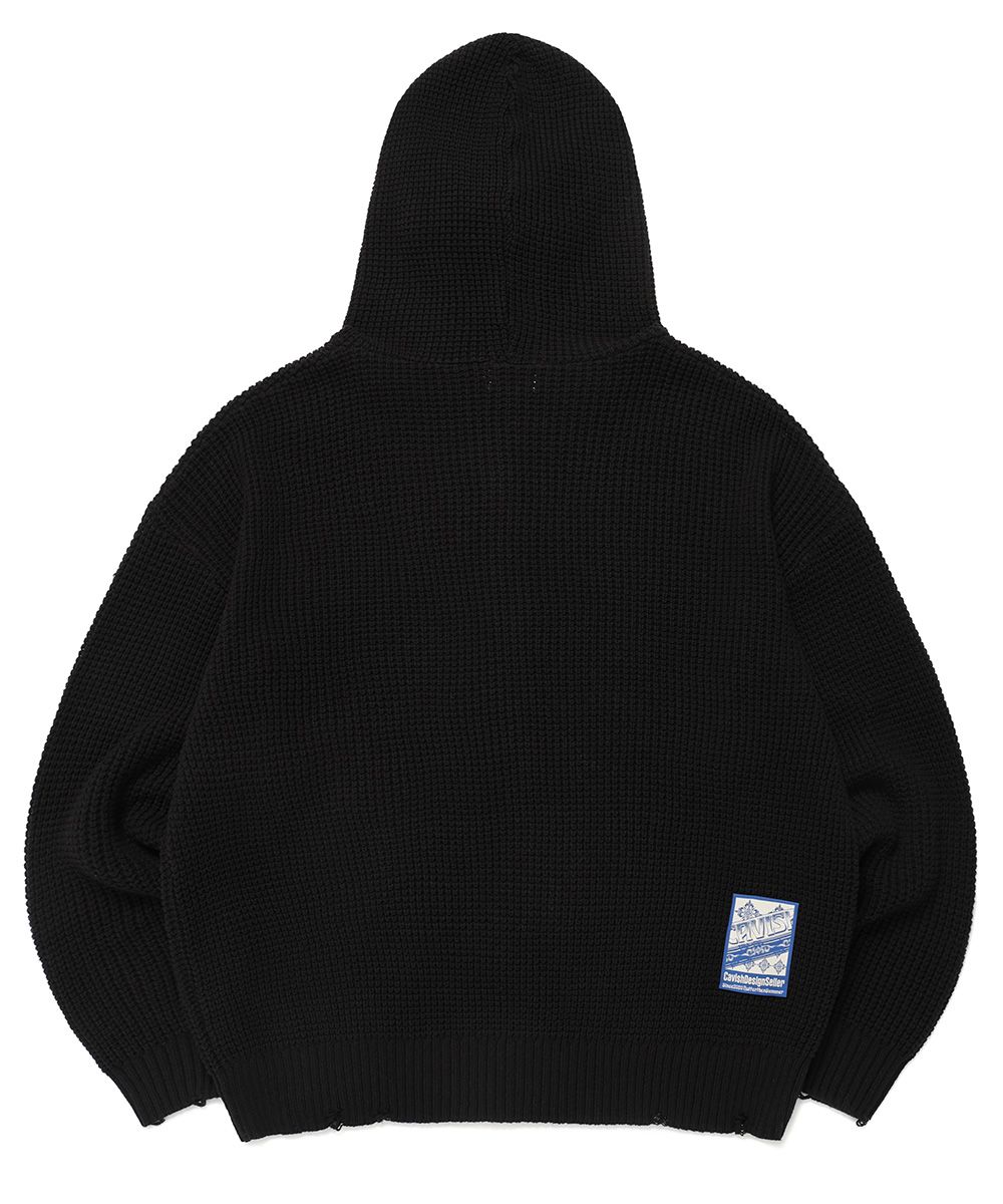 MUSINSA | CAVISH DAMAGED KNIT ZIP UP HOODIE BLACK(CV2DFUK681A)