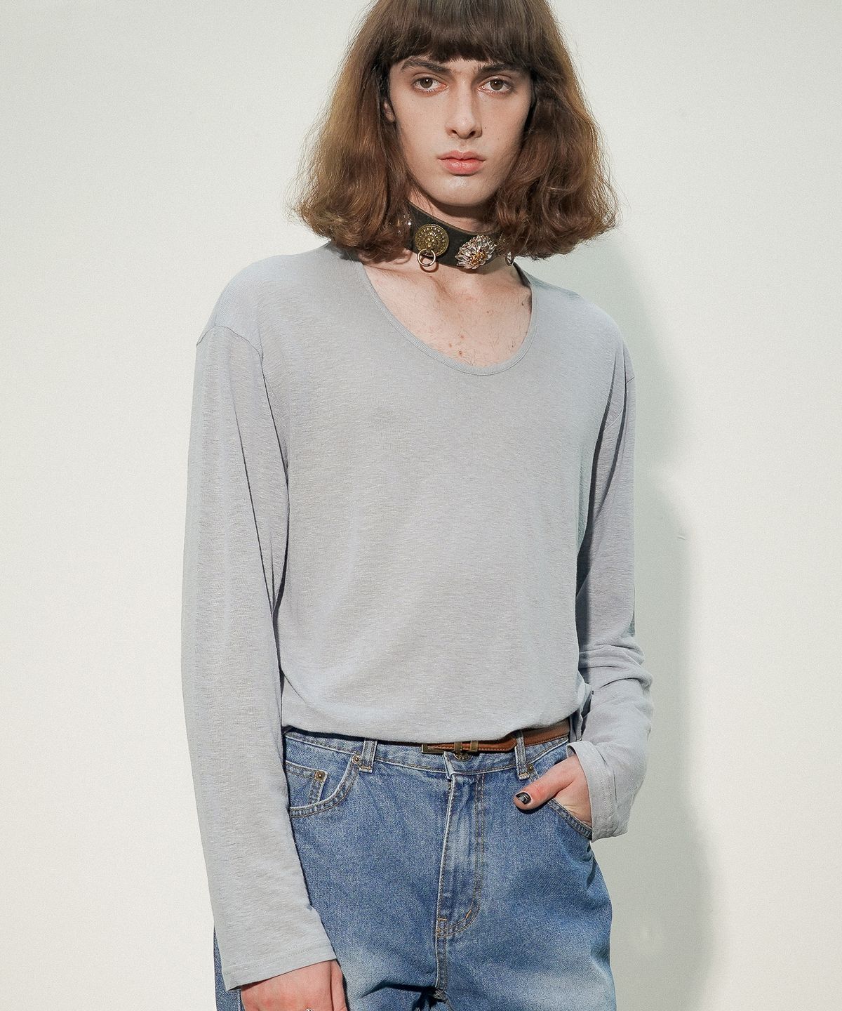 언티지(UNTAGE) U넥 리넨 슬러브 티셔츠[Grey(UNISEX)]_UTT-ST53