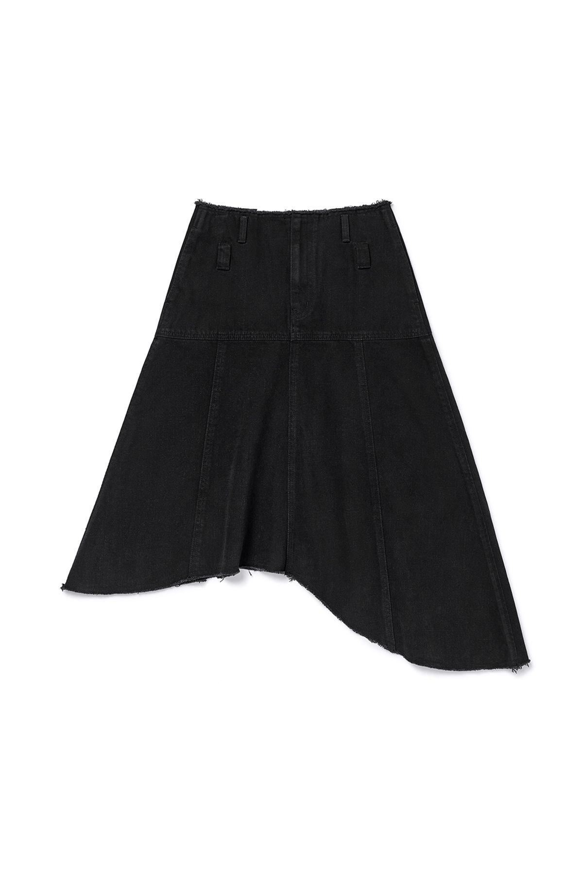 커렌트(CURRENT) ASYMMETRIC FLARE MIDI SKIRT [BLACK]
