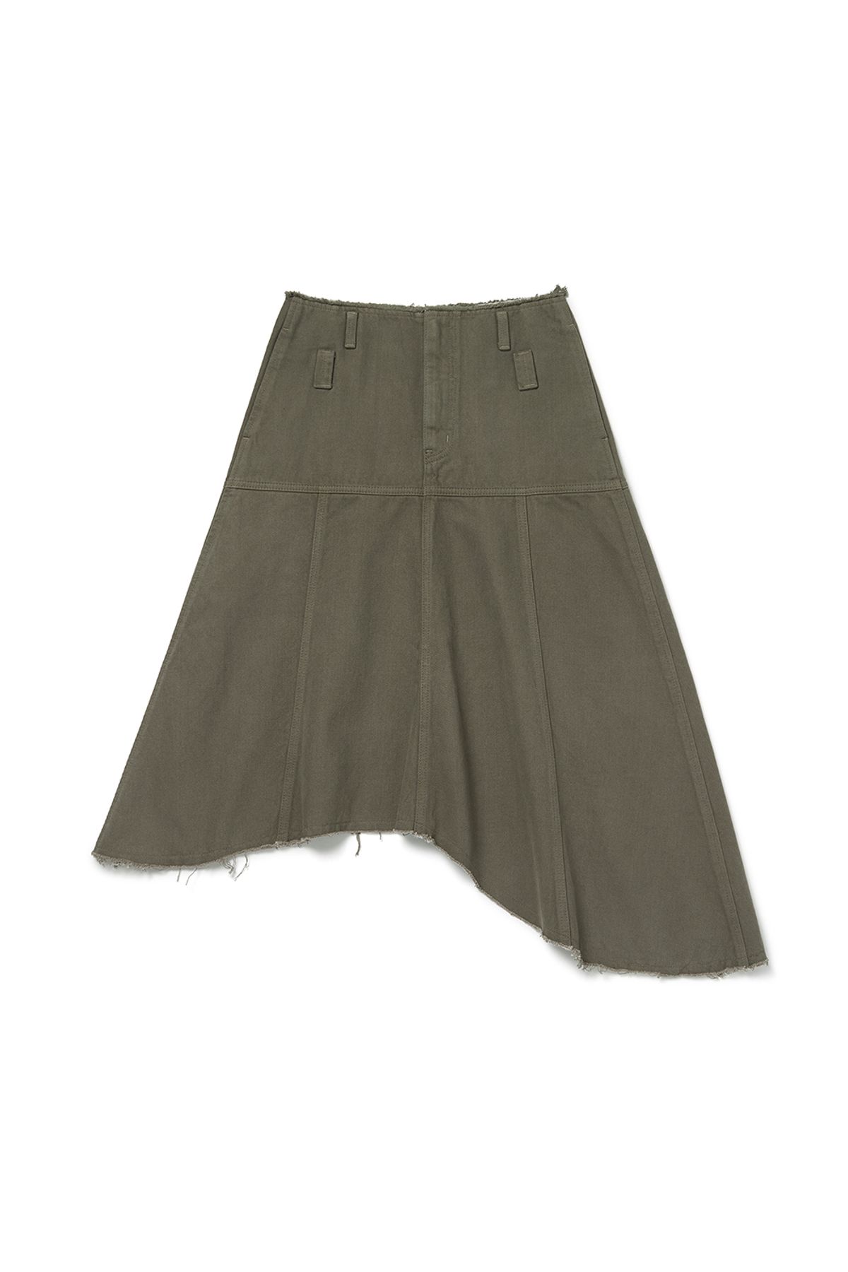 커렌트(CURRENT) ASYMMETRIC FLARE MIDI SKIRT [KHAKI]