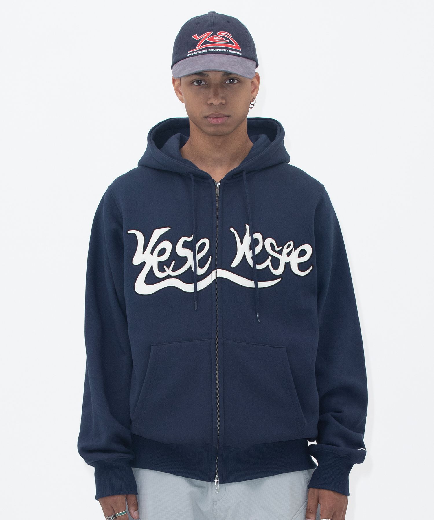 MUSINSA | YESEYESEE Y.E.S Snail Logo Zip-up Hoodie Navy