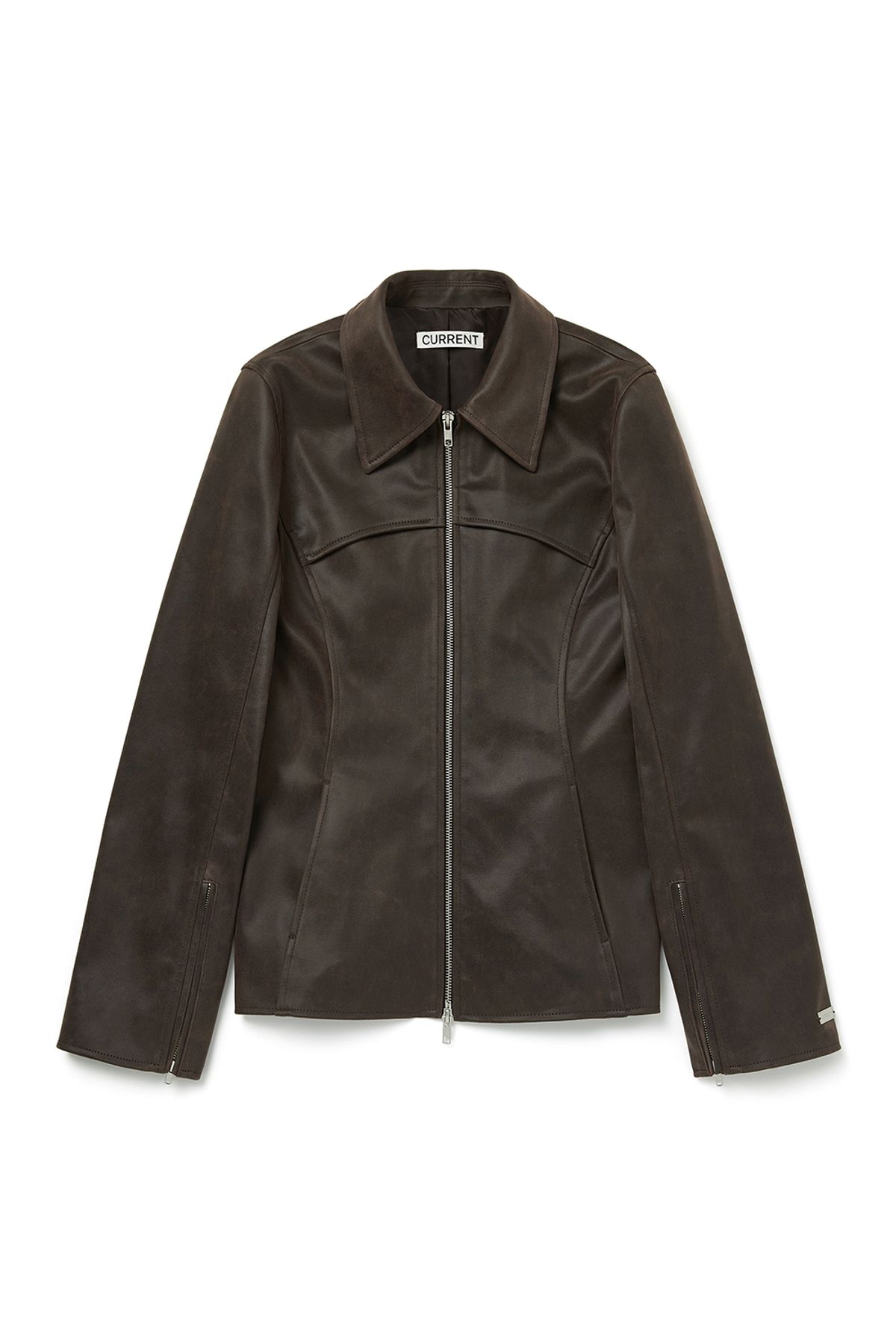 커렌트(CURRENT) FITTED CRACK LEATHER JACKET [DARK BROWN]