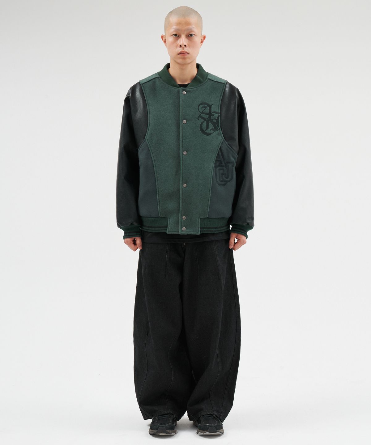 아조바이아조(AJOBYAJO) Wool Mixed Varsity Stadium Jacket [GREEN]
