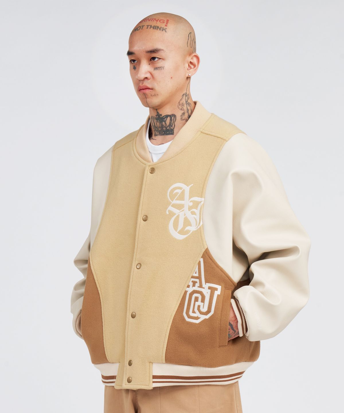 아조바이아조(AJOBYAJO) Wool Mixed Varsity Stadium Jacket [BEIGE]