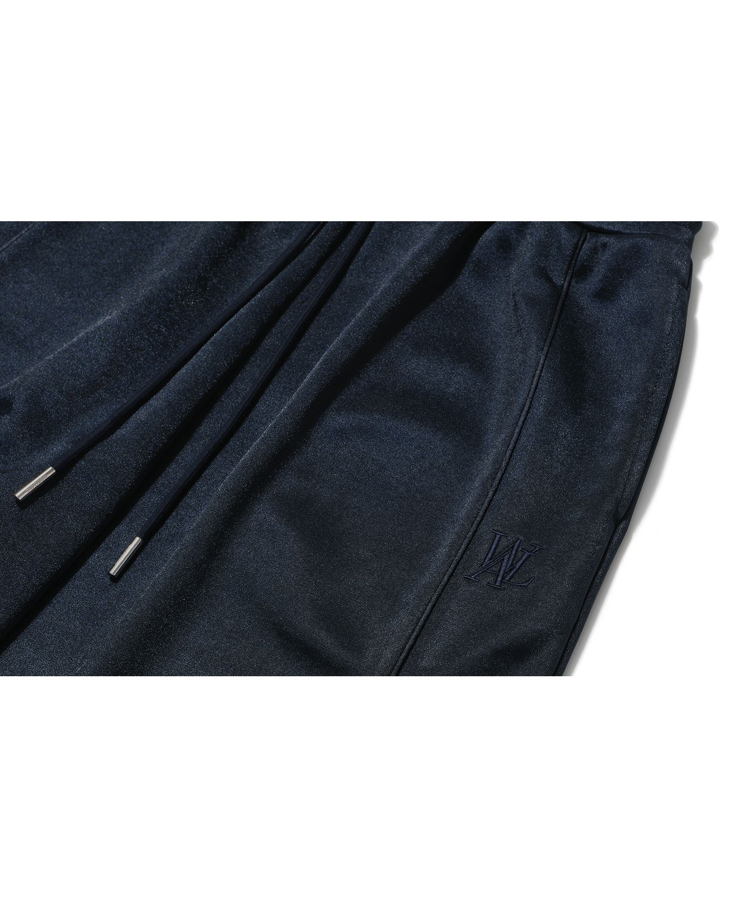 MUSINSA | WOOALONG Signature satin piping sweat pants - NAVY