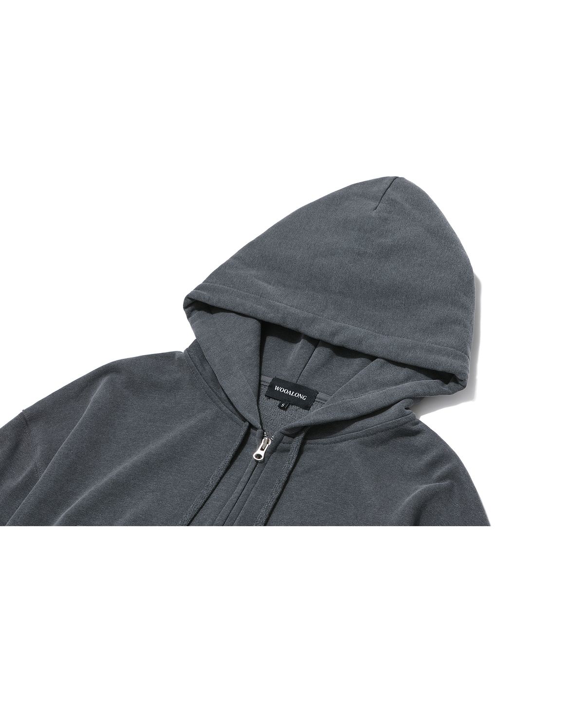 우알롱(WOOALONG) Signature pigment crop hood zip-up - CHARCOAL GREY