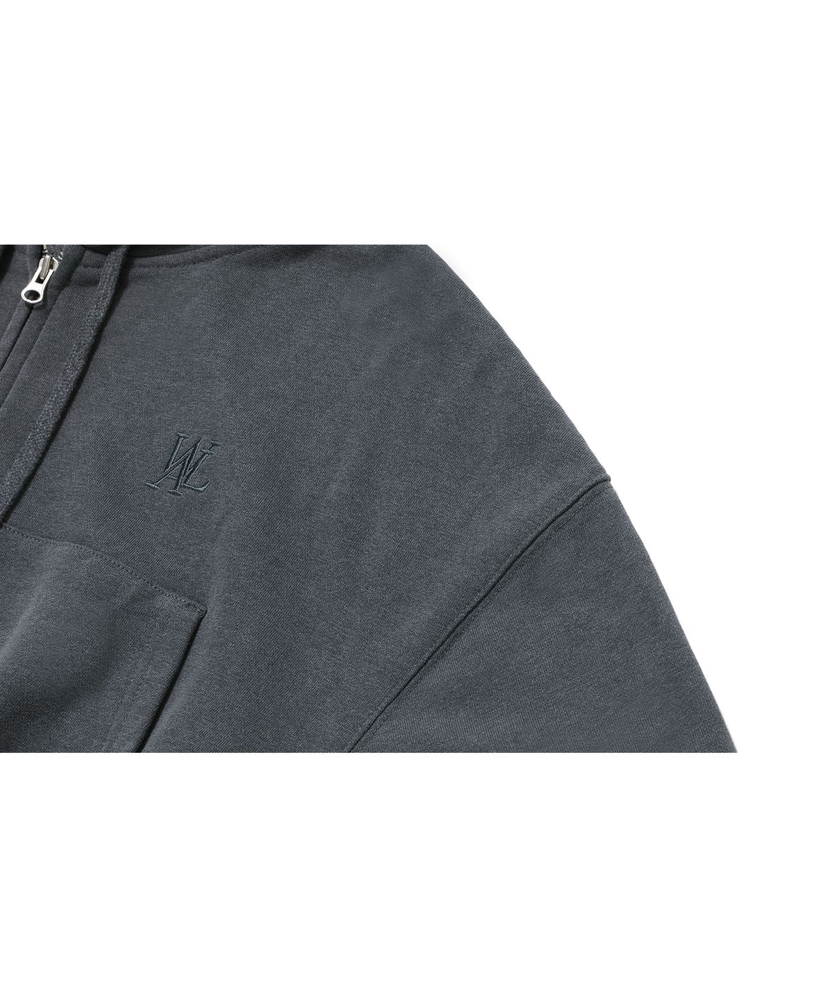 우알롱(WOOALONG) Signature pigment crop hood zip-up - CHARCOAL GREY