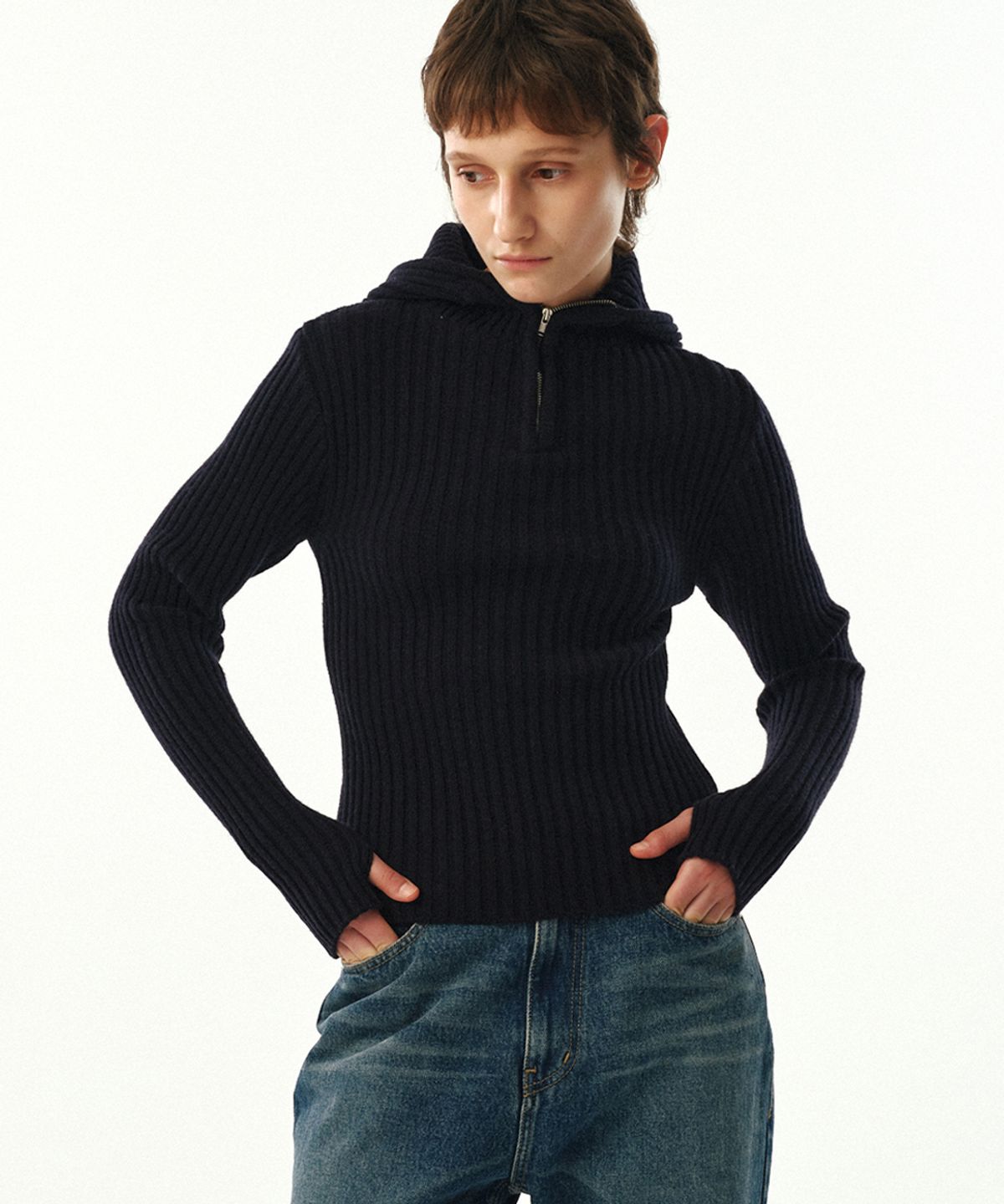 문선 아카이브(MOONSUN ARCHIVE) UNISEX, Balaclava Knit Top / Dark Navy