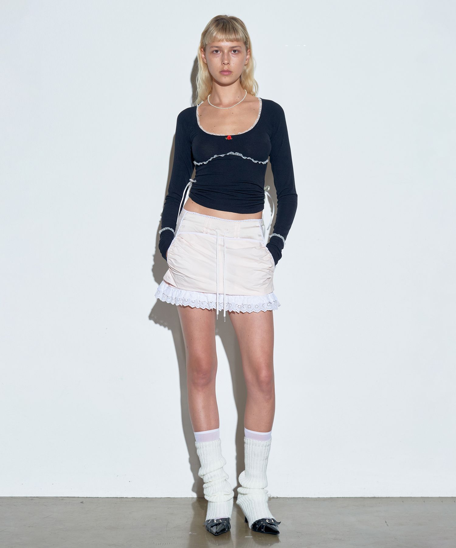 MUSINSA公式 | SCULPTOR Lace Lowrise Mini Skirt Pale Pink