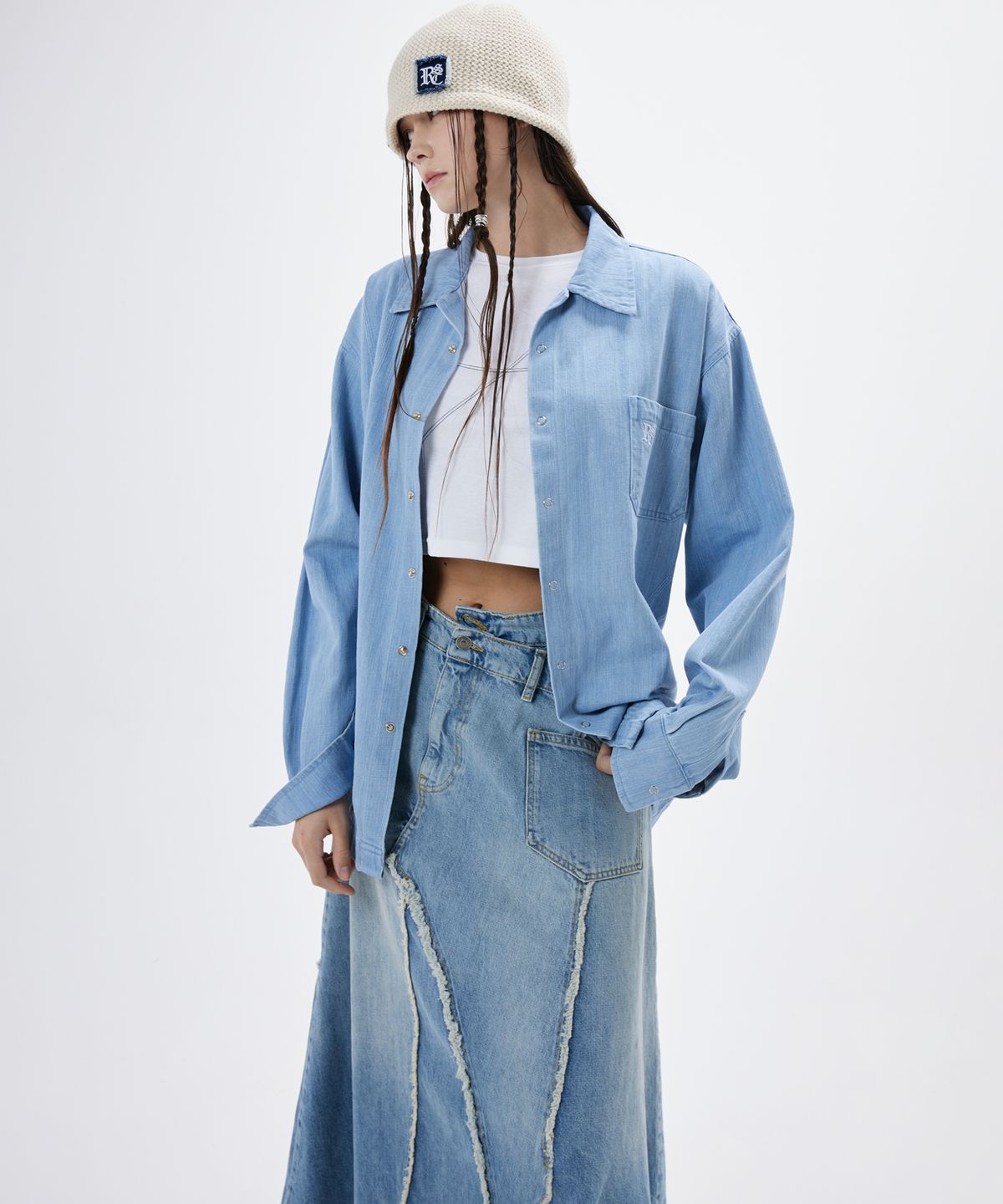 알에스에스씨(RSSC) CURVY STITCHED DENIM SHIRT - LIGHT DENIM