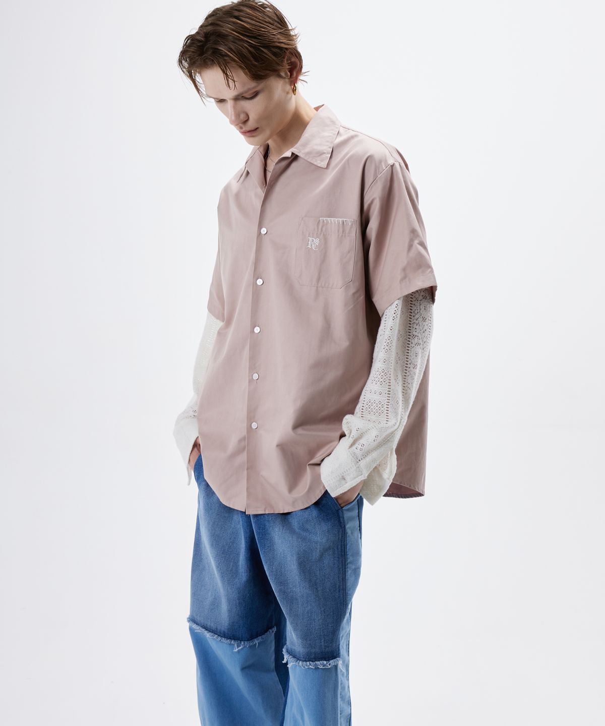 알에스에스씨(RSSC) KNIT SLEEVE LAYERED SHIRT - PINK