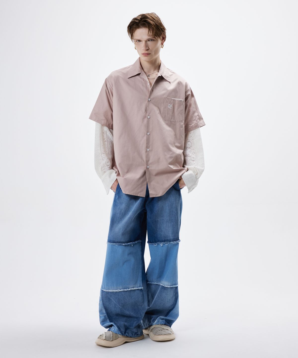 알에스에스씨(RSSC) KNIT SLEEVE LAYERED SHIRT - PINK