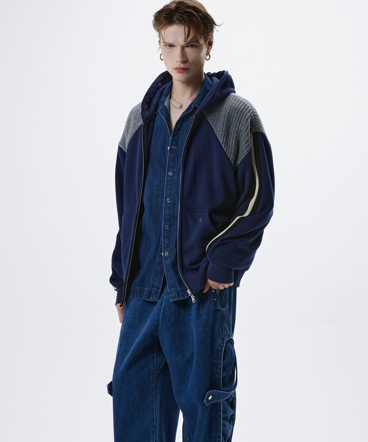 알에스에스씨(RSSC) KNIT MIXED HOOD ZIPUP - NAVY