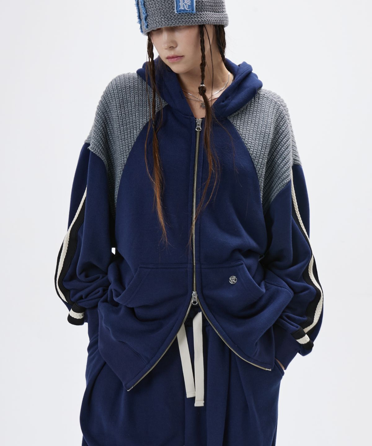 알에스에스씨(RSSC) KNIT MIXED HOOD ZIPUP - NAVY