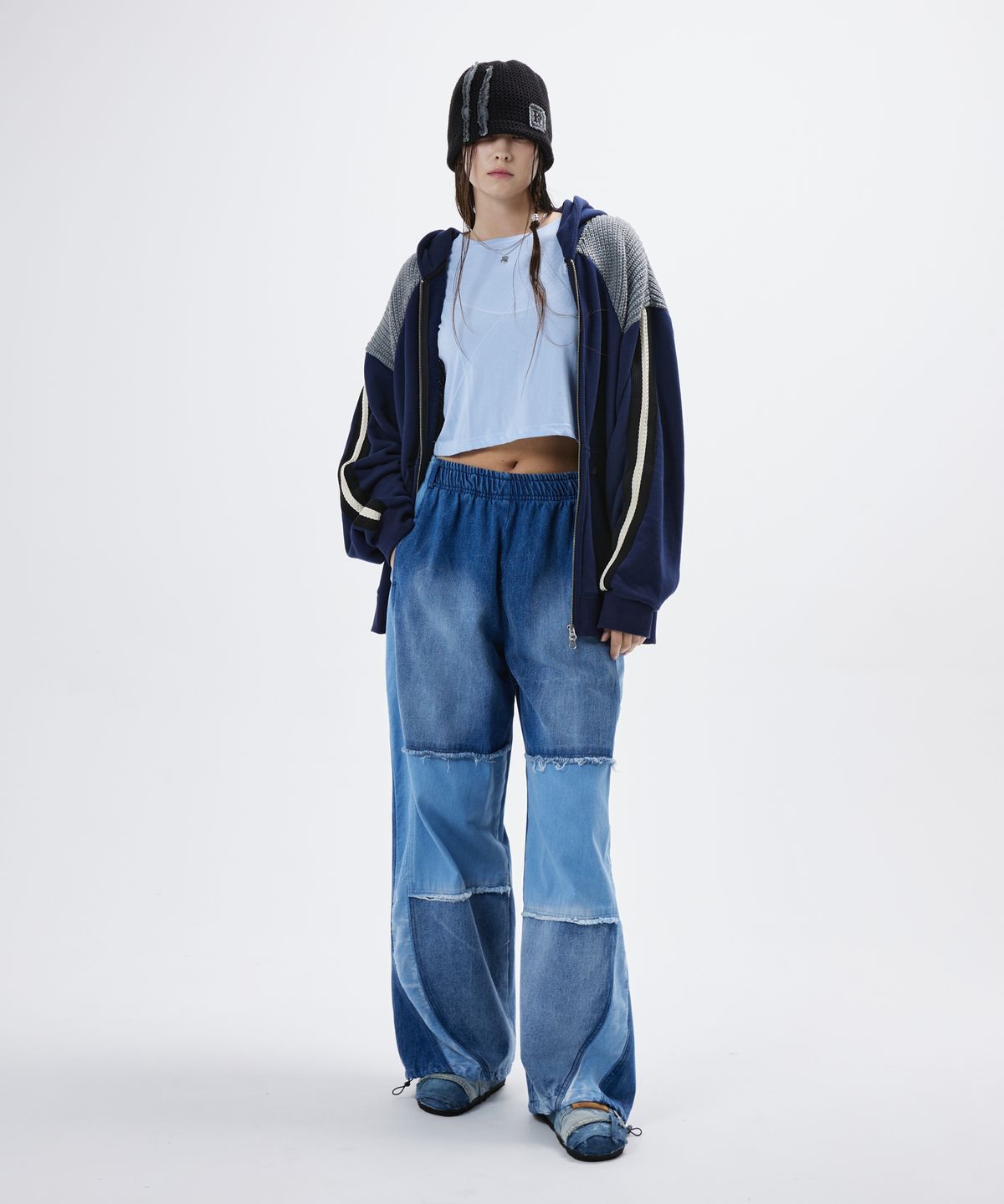 알에스에스씨(RSSC) KNIT MIXED HOOD ZIPUP - NAVY