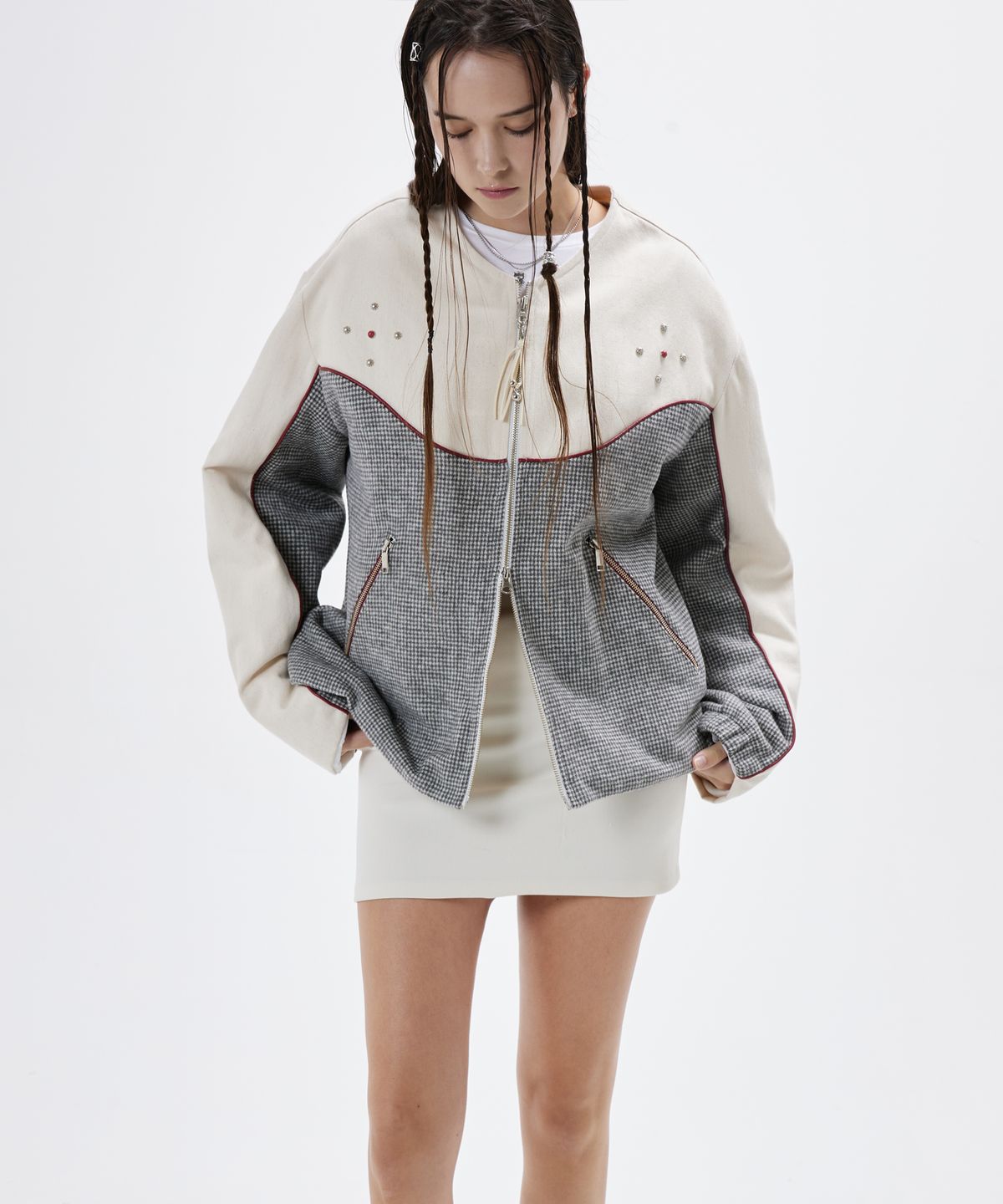 알에스에스씨(RSSC) DENIM & CHECK ROUND NECK JACKET - IVORY