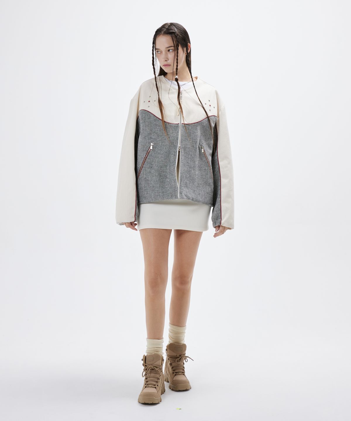 알에스에스씨(RSSC) DENIM & CHECK ROUND NECK JACKET - IVORY