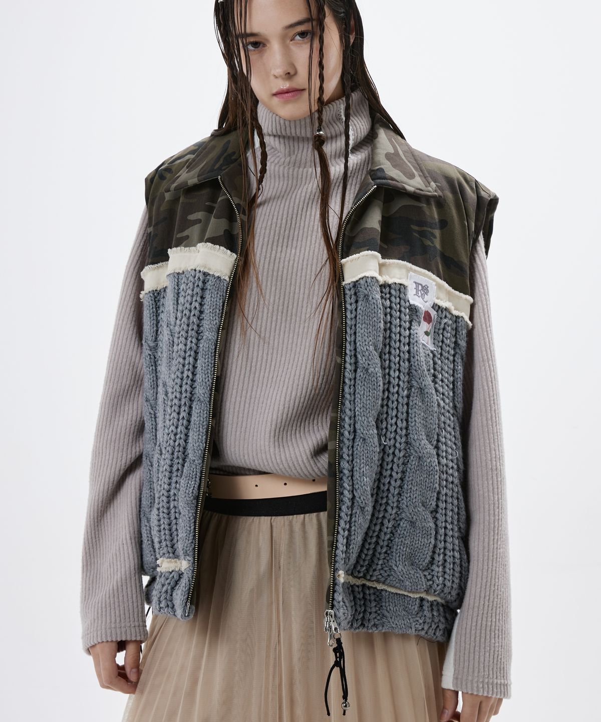 알에스에스씨(RSSC) DENIM & KNIT PADDING VEST - CAMO/GRAY