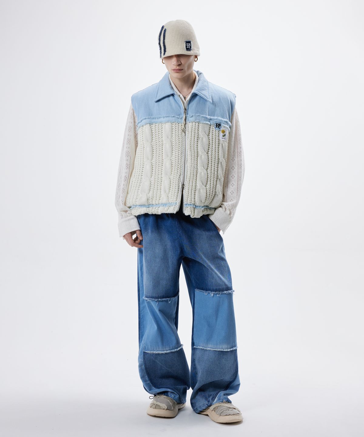 알에스에스씨(RSSC) DENIM & KNIT PADDING VEST - LIGHT DENIM/IVORY