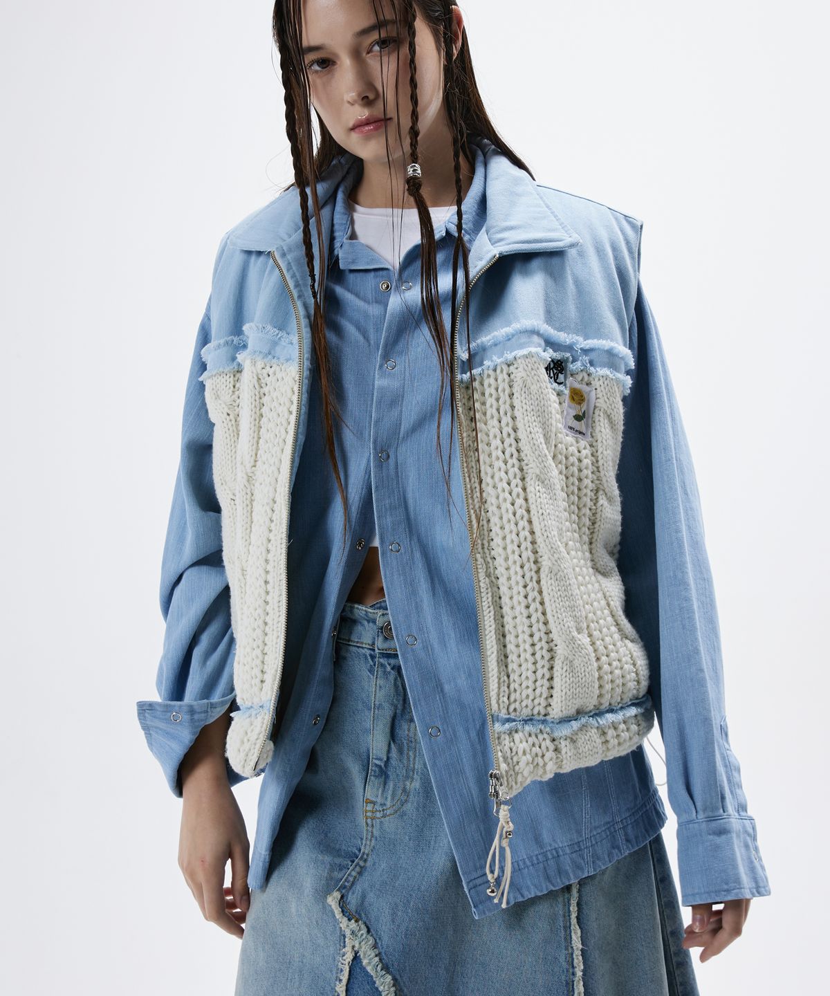 알에스에스씨(RSSC) DENIM & KNIT PADDING VEST - LIGHT DENIM/IVORY
