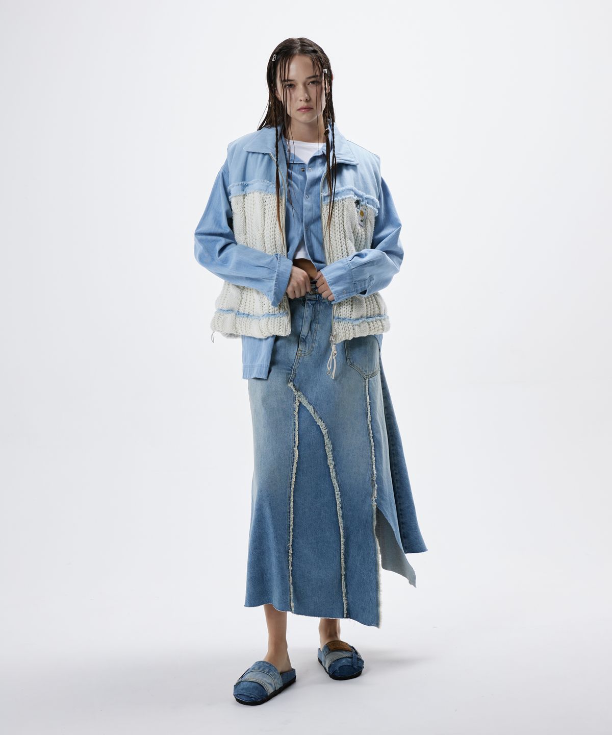 알에스에스씨(RSSC) DENIM & KNIT PADDING VEST - LIGHT DENIM/IVORY