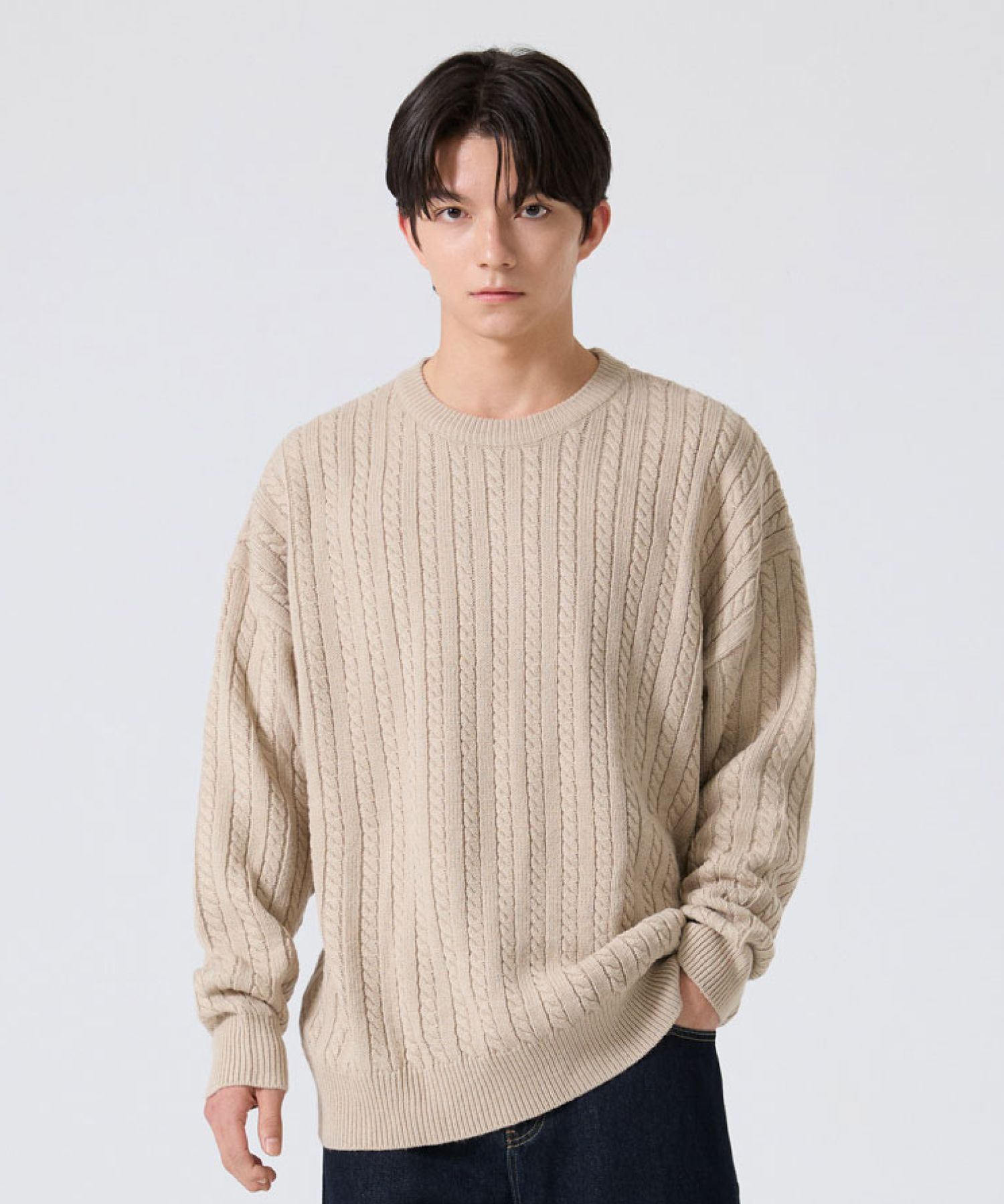 MUSINSA | AGOD Crewneck oversized cable sweater knit [beige]