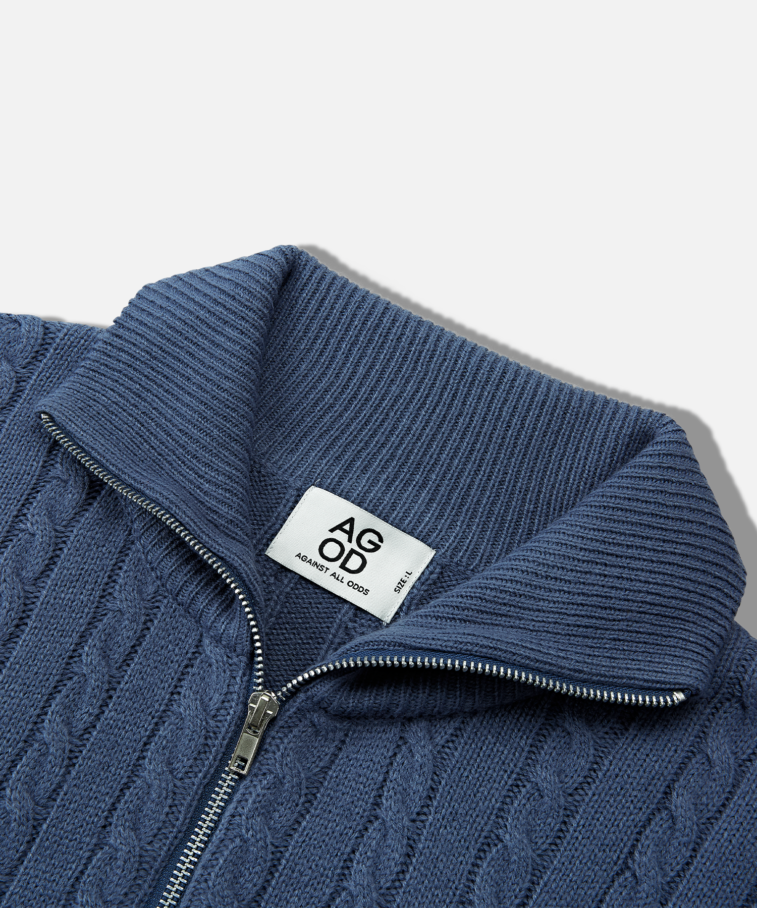 MUSINSA | AGOD Half Zip Up Cara Neck Cable Knit [Heather Blue]