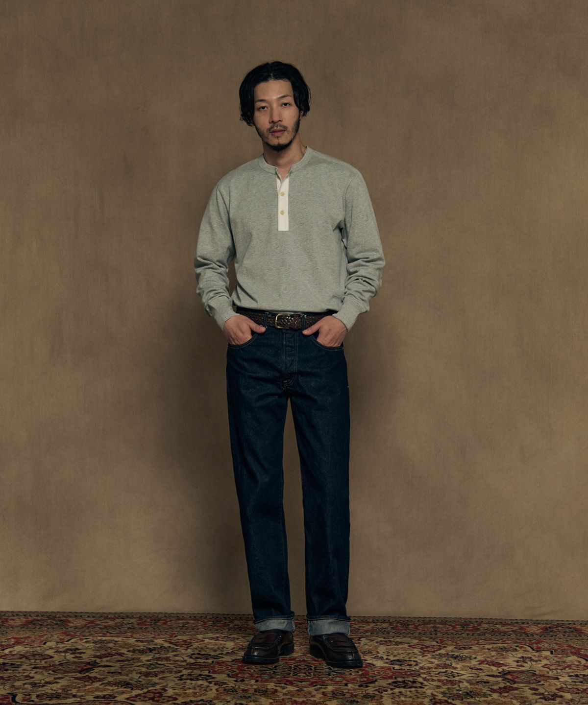 브론슨(BRONSON) Vintage Long Sleeve Henley Shirt Grey