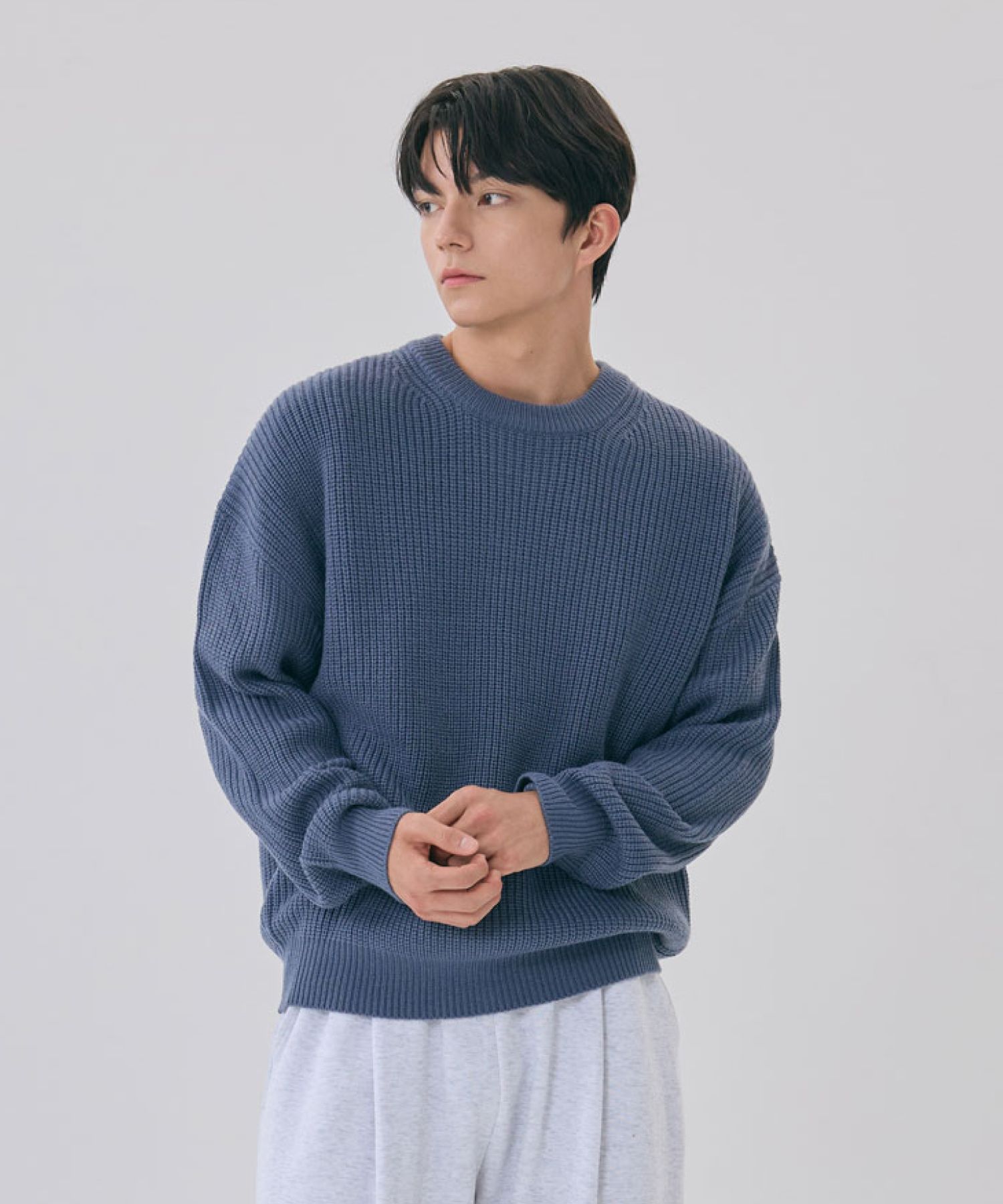 MUSINSA | AGOD Crew Neck Rib Overfit Hachi Knit [Heather Blue]