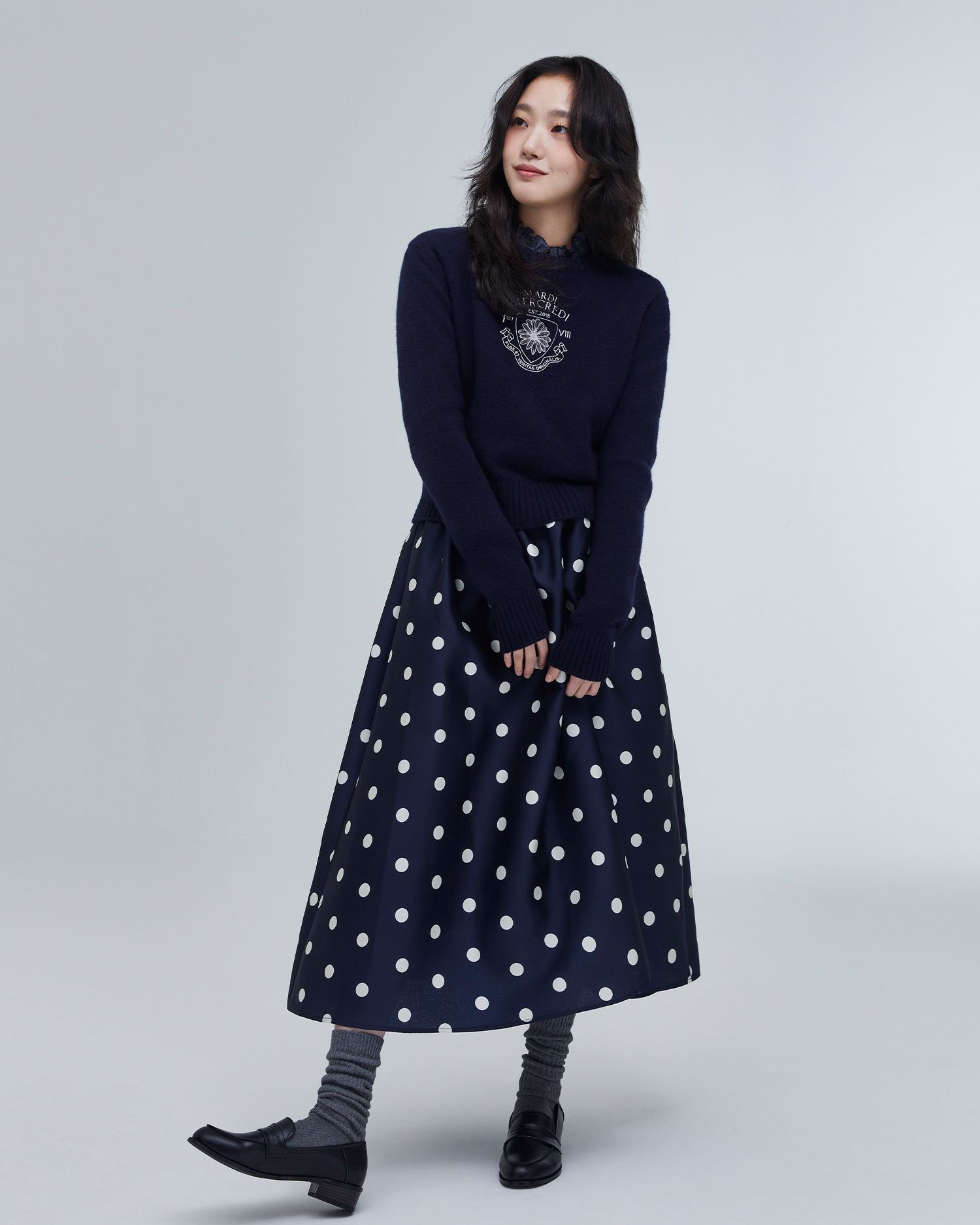 セール】VOLUME MIDI SKIRT CRAPE DOT（スカート）｜Mardi