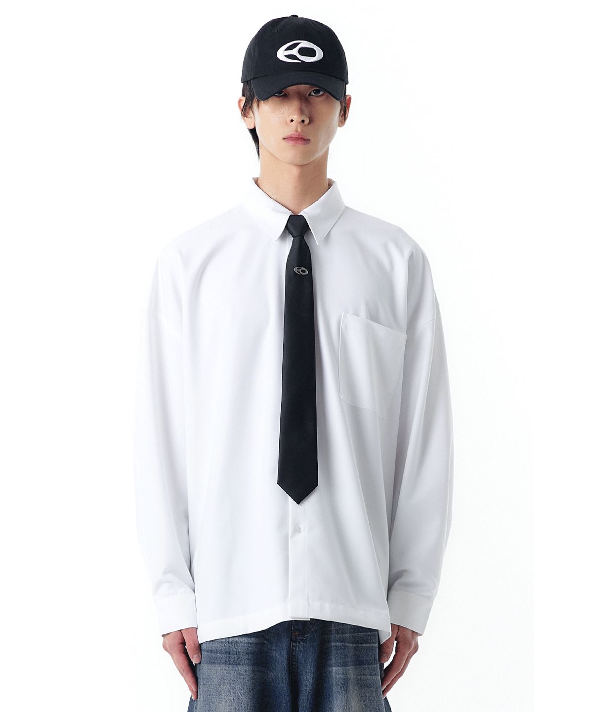 오픈야드(오와이)(OPENYARD(OY)) CURVE TAPE LOGO SHIRTS-WHITE