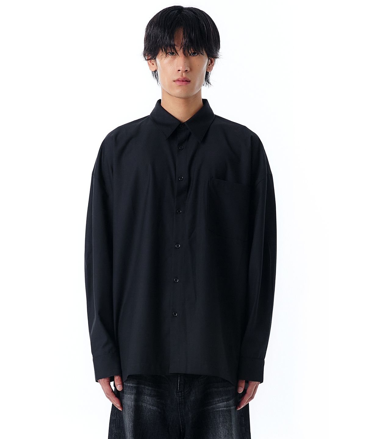 오픈야드(오와이)(OPENYARD(OY)) CURVE TAPE LOGO SHIRTS-BLACK