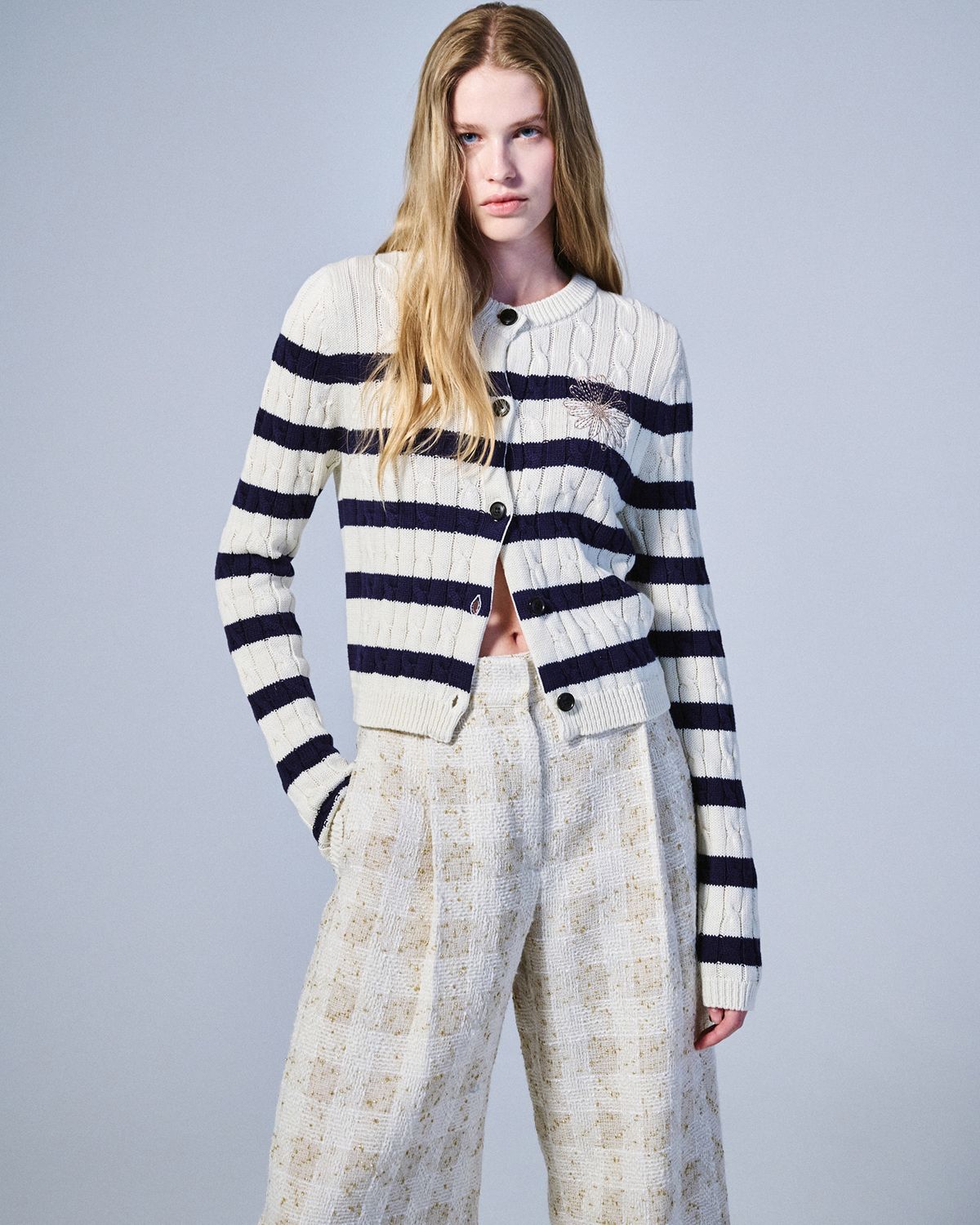 마르디 메크르디(MARDI MERCREDI) COTTON CARDIGAN ROUND NECK STRIPE_IVORY BEIGE