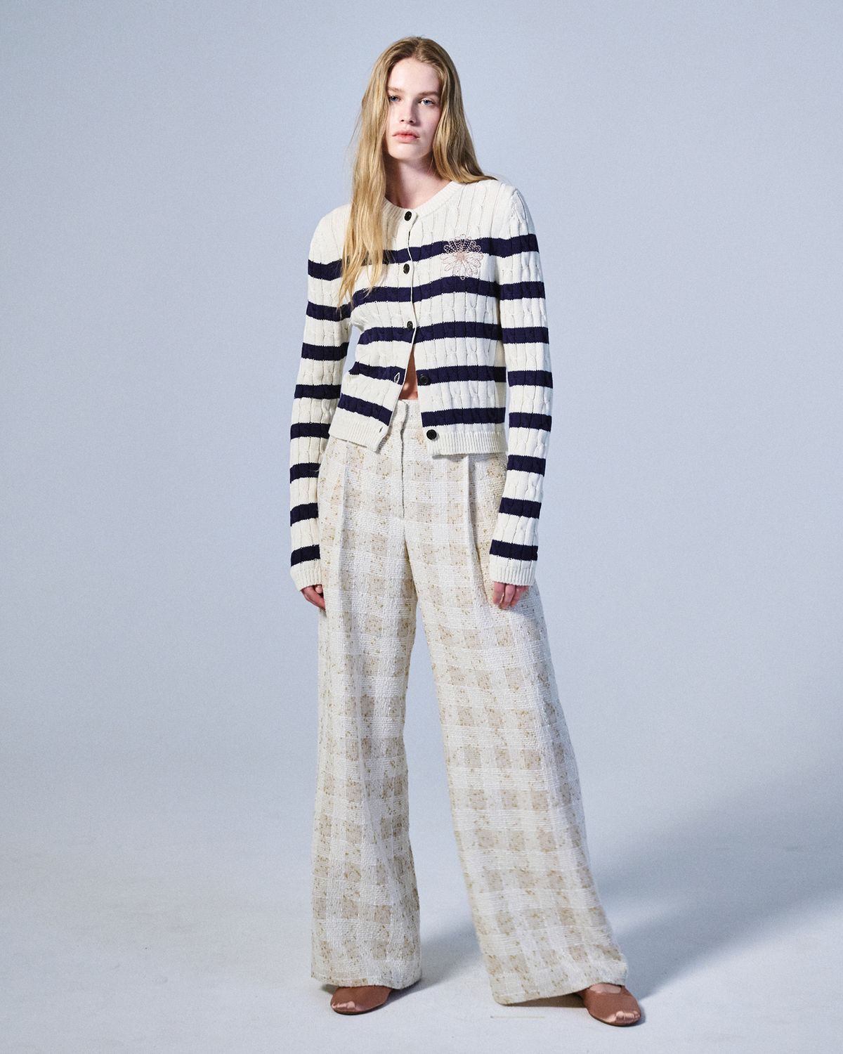 마르디 메크르디(MARDI MERCREDI) COTTON CARDIGAN ROUND NECK STRIPE_IVORY BEIGE