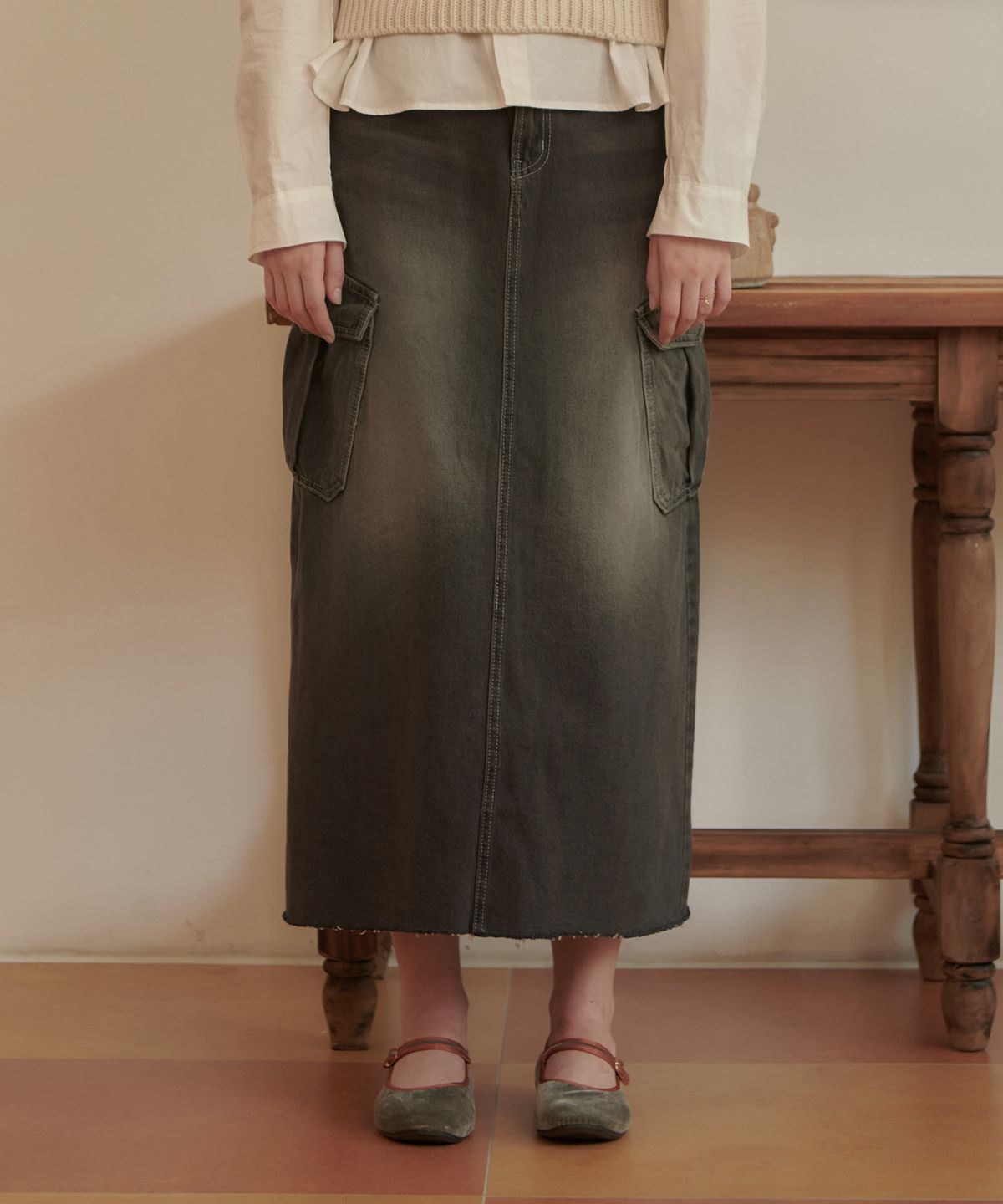 판도라핏(PANDORAFIT) [SKIRT] Lisa Cargo Long Denim Skirt