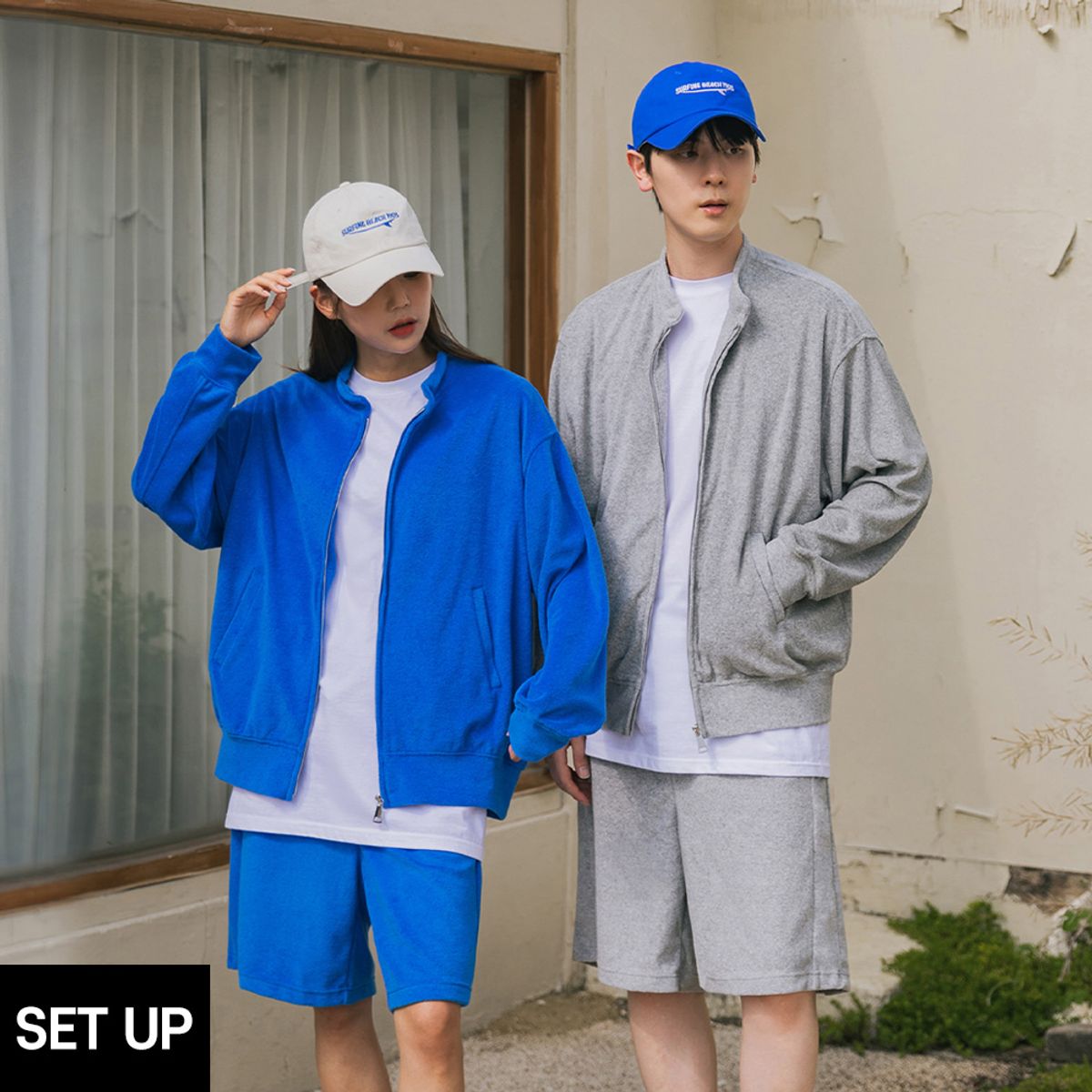 앨빈클로(ALVINCLO) [DE LUXE] [SET] 무지 테리 긴팔 집업 절개 밴딩 반바지 셋업