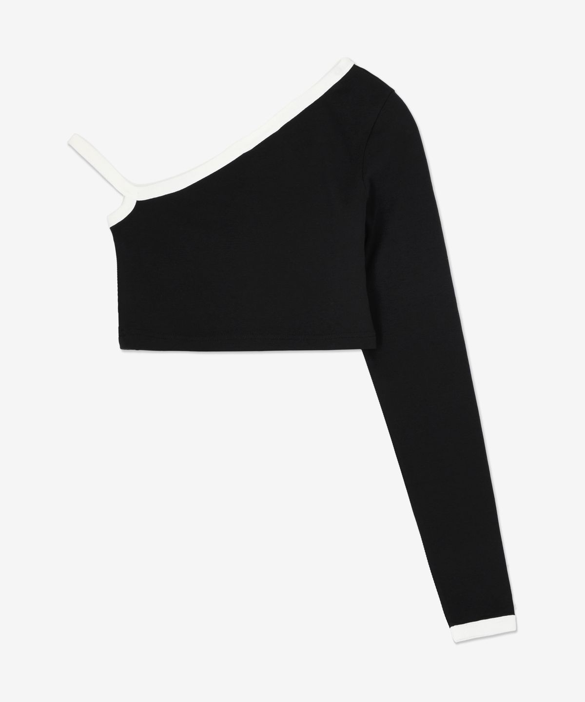 꾸레쥬(COURREGES) 크롭 어시메트릭 콘트라스트 롱슬리브 탑 - 블랙 / 223JTO174JS00709901