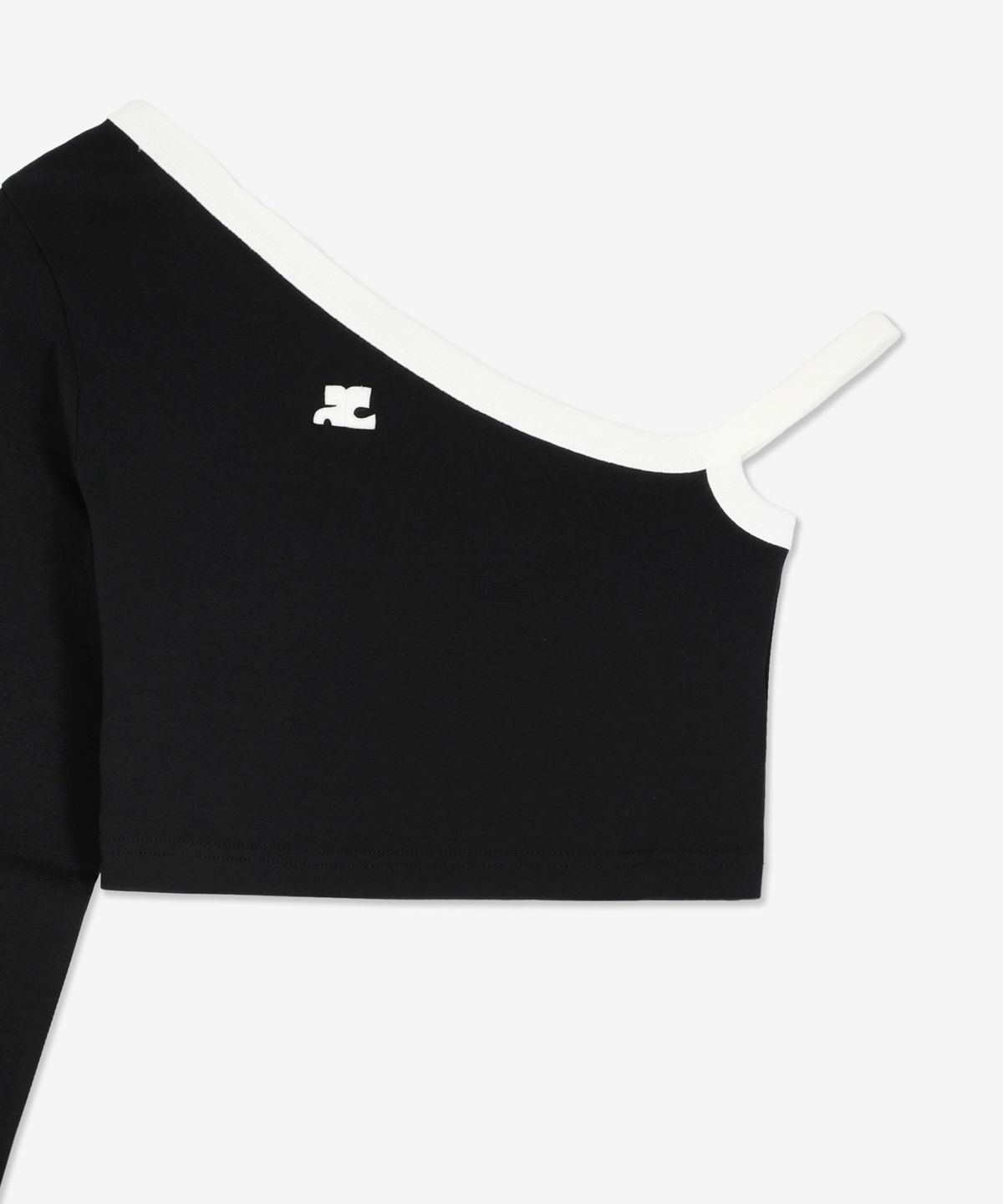 꾸레쥬(COURREGES) 크롭 어시메트릭 콘트라스트 롱슬리브 탑 - 블랙 / 223JTO174JS00709901