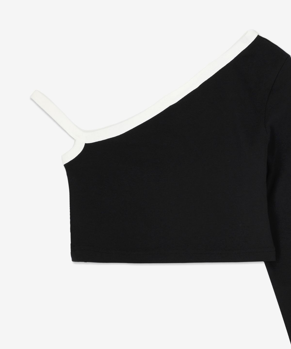 꾸레쥬(COURREGES) 크롭 어시메트릭 콘트라스트 롱슬리브 탑 - 블랙 / 223JTO174JS00709901