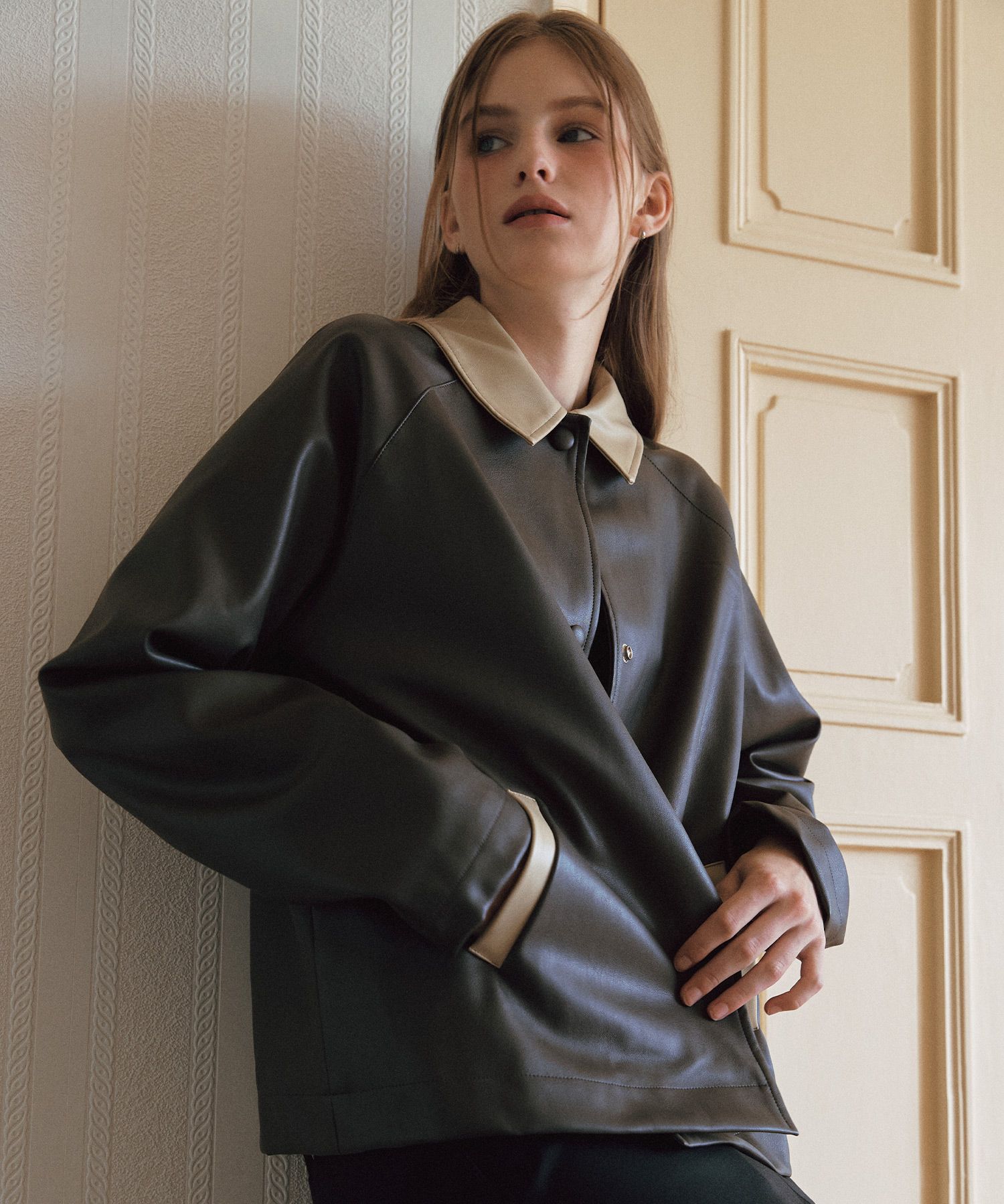 MUSINSA公式 | LETTER FROM MOON After Class Leather Jacket ( Charcoal )